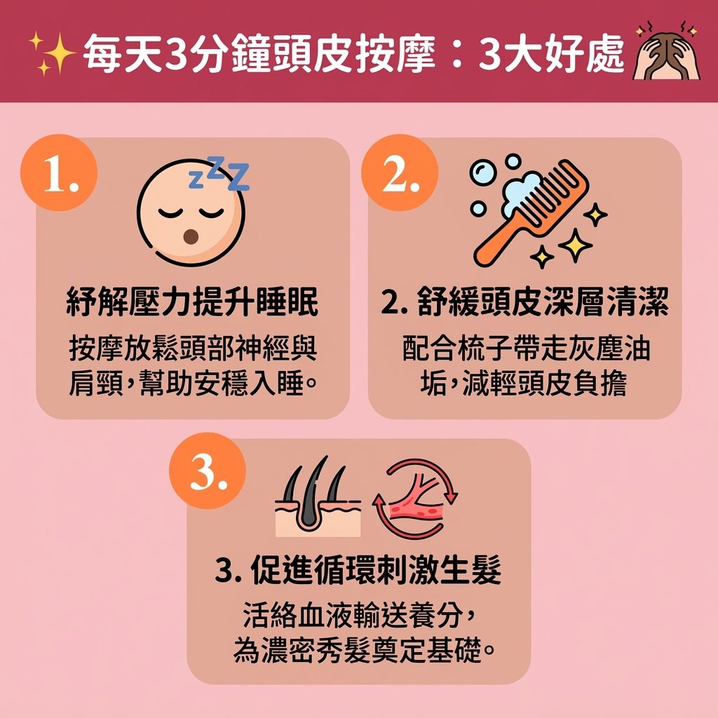 這是一張 1:1 扁平化醫美資訊圖表，教導大家【日常頭皮護理】與【正確洗頭步驟】。圖中展示使用【指腹】或【梳子】配合【精油】進行頭皮按摩，能【按摩頭部穴位】與【疏通頭皮經絡】。這不僅能活絡【頭皮】底層的【微絲血管】與【神經】，有效【促進血液循環】及帶動全身【血液循環】，更能【緩解精神壓力】、【舒緩頭皮緊繃】與【減輕頭痛疲勞】，進一步消除【壓力】並【改善睡眠質素】（幫助【睡眠】）。

在清潔方面，搭配【洗頭水】按摩能【深層清潔毛孔】，洗去【皮脂腺】分泌過多的【油脂】，幫助【調節油脂分泌】。這有助於保護【角質層】，【減少頭皮痕癢】並【幫助吸收精華】（補充【蛋白質】）。暢通的【經絡】與乾淨的【毛孔】能【調理頭皮健康】及【修復受損頭皮】。

透過刺激近50個【穴位】，能【刺激毛囊生長】、【預防毛囊萎縮】並保護【毛囊】。這不僅能【強健脆弱髮根】保護【髮根】，更能有效【改善脫髮問題】，減少異常【脫髮】，讓【髮絲】更健康。最終能【增加頭髮蓬鬆度】，為您打造濃密亮麗的完美秀髮！