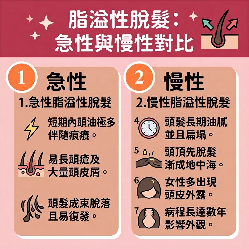 這是一張 1:1 正方形的可愛扁平化向量資訊圖表插畫，採用台灣健康部落格風格，詳細比較急性與慢性的【脂溢性脫髮】。圖表指出，當【頭皮】的【皮脂腺】失調，導致異常的【頭皮油脂分泌】時，極易滋生【馬拉色菌】等【真菌】。這不僅會破壞【角質層】，引發【頭皮敏感痕癢】與【毛囊炎】，還會產生大量【頭皮屑】，因此需要及時【減少頭皮屑】並【舒緩頭皮紅腫】。

若忽視這些【脫髮早期先兆】，未做好【日常頭皮護理】與【溫和清潔頭皮】，無法【平衡油脂分泌】及【解決毛孔堵塞】，將加劇【脫髮】危機。針對【脂溢性脫髮治療】，首要任務是【深層清潔毛囊】並【抑制真菌感染】，從而【改善頭皮環境】。

此外，若體內【荷爾蒙】失衡，【睪酮】轉化為【雙氫睪酮】，更會引發【雄性禿】。這不僅需要【抑制男性荷爾蒙】，還要攝取優質【蛋白質】來【強健脆弱髮根】。醫學上的【預防脫髮方法】包括使用含【米諾地爾】的【生髮水】，或口服【非那斯特萊】，甚至在發炎嚴重時由醫生處方微量【類固醇】。這些方法能【減少掉髮數量】，【改善頭頂稀疏】，並【刺激毛囊再生】。若【毛囊】嚴重萎縮，則需尋求【專業生髮療程】或進行【植髮】手術來徹底拯救外觀！