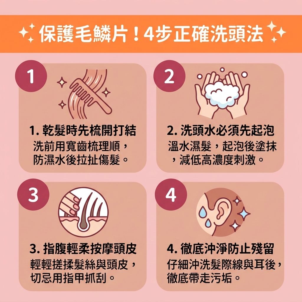 這是一張 1:1 正方形的可愛扁平化向量資訊圖表，採用台灣健康部落格風格，為您解說如何【解決頭髮打結】與【改善頭髮毛躁】。
，健康的【頭皮】與【毛囊】是基礎，但如果表層的【角質層】與【毛鱗片】受到【熱力】、【紫外線】或過度【摩擦】的傷害，就會打開並導致流失【水分】、【油脂】、【蛋白質】（如【角蛋白】）與【氨基酸】。

要【撫平毛鱗片】與【修復受損頭髮】，日常必須採取【正確洗頭方法】。使用【洗頭水】時應【溫和清潔頭皮】，並搭配【護髮素】或【髮膜】來【深層滋潤髮絲】與【補充頭髮水分】。濕髮時切忌用【梳子】硬扯，以免引發【靜電】造成嚴重的【頭髮打結】，這樣才能【防止頭髮斷裂】及【減少頭髮開叉】。

為了【強健脆弱髮根】與【改善髮質變差】，吹髮時應【避免高溫吹頭】，正確使用【風筒】並【減少靜電摩擦】。圖表建議進行【鎖水保濕護理】與【日常頭髮護理】，在乾燥的【髮尾】塗抹【護髮油】或【免沖洗護髮油】，幫助【梳順打結頭髮】並【增加頭髮光澤】。最後，記得【定期修剪髮尾】，就能輕鬆擁有一頭順滑秀髮！