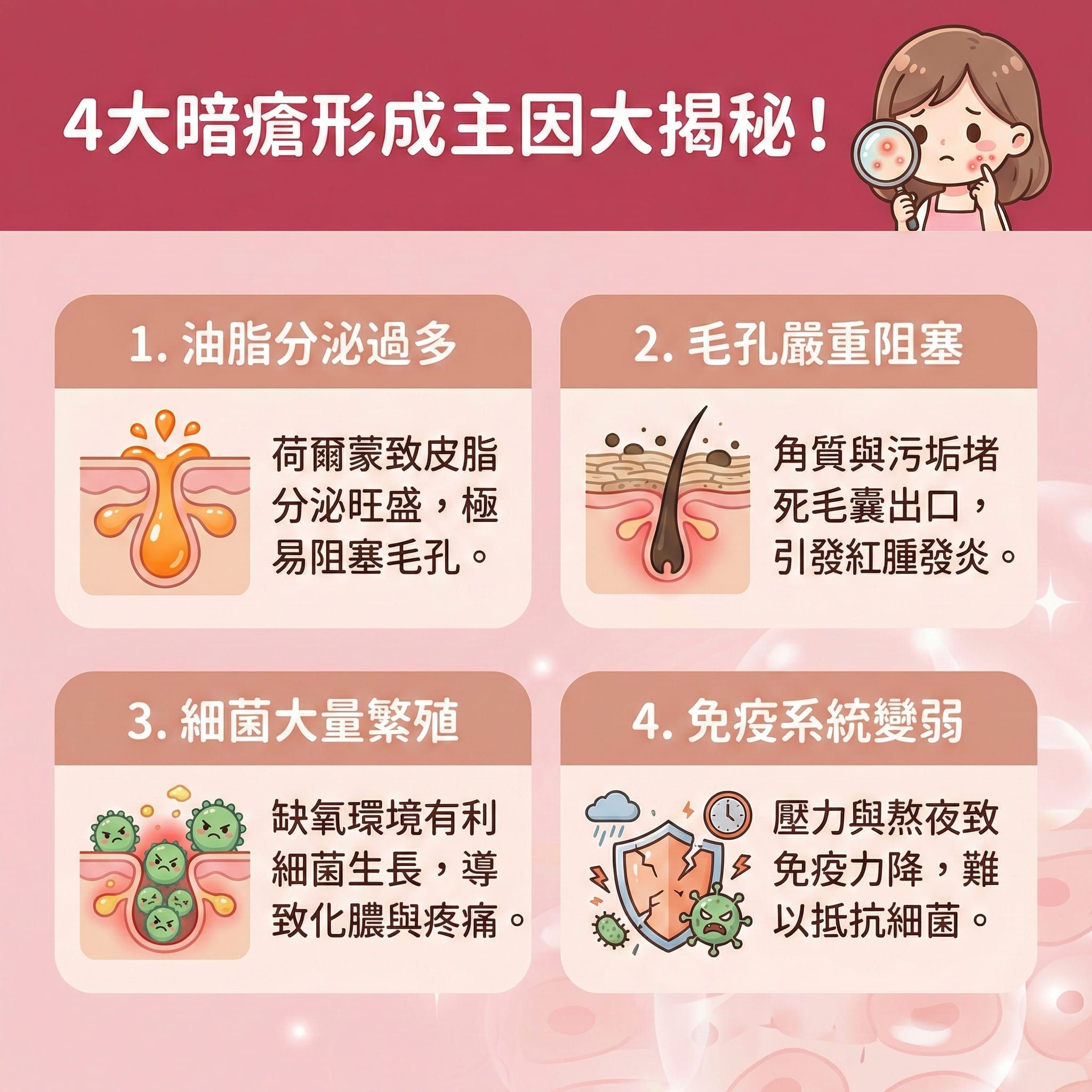 這是一張正方形扁平化的台灣健康部落格風格資訊圖表，詳細介紹暗瘡成因與進階治療建議。圖解指出荷爾蒙失調會刺激皮脂腺，為預防毛孔堵塞並減少油脂分泌，必須做好日常清潔。若毛孔堵塞引發炎症與毛囊炎，會導致痤瘡桿菌大量增生，進而形成嚴重的石頭瘡。

面對嚴重情況，建議諮詢皮膚科醫生。醫生可能會開立處方藥物，如口服抗生素（包含四環素類藥物如多西環素或米諾環素），以達到抗菌消炎、抑制細菌生長與減輕發炎反應的作用，幫助控制暗瘡爆發、改善石頭瘡並治療嚴重暗瘡。同時可配合外用藥與外用藥膏，來舒緩紅腫發炎及修復受損屏障。

圖表溫馨提示，服用此類藥物需飯後服藥並避免空腹，以防腸胃不適。服藥期間易產生光敏感，外出必須注意防曬。為避免產生抗藥性及監控療程副作用，患者應定期覆診。特別注意，此藥物會影響胎兒發育，因此孕婦絕對禁用。

除了藥物，圖表也建議透過醫學美容來促進新陳代謝。強烈推薦體驗完美醫療的專業暗瘡分手療程，從根本改善膚質，達到長效預防復發的完美效果。