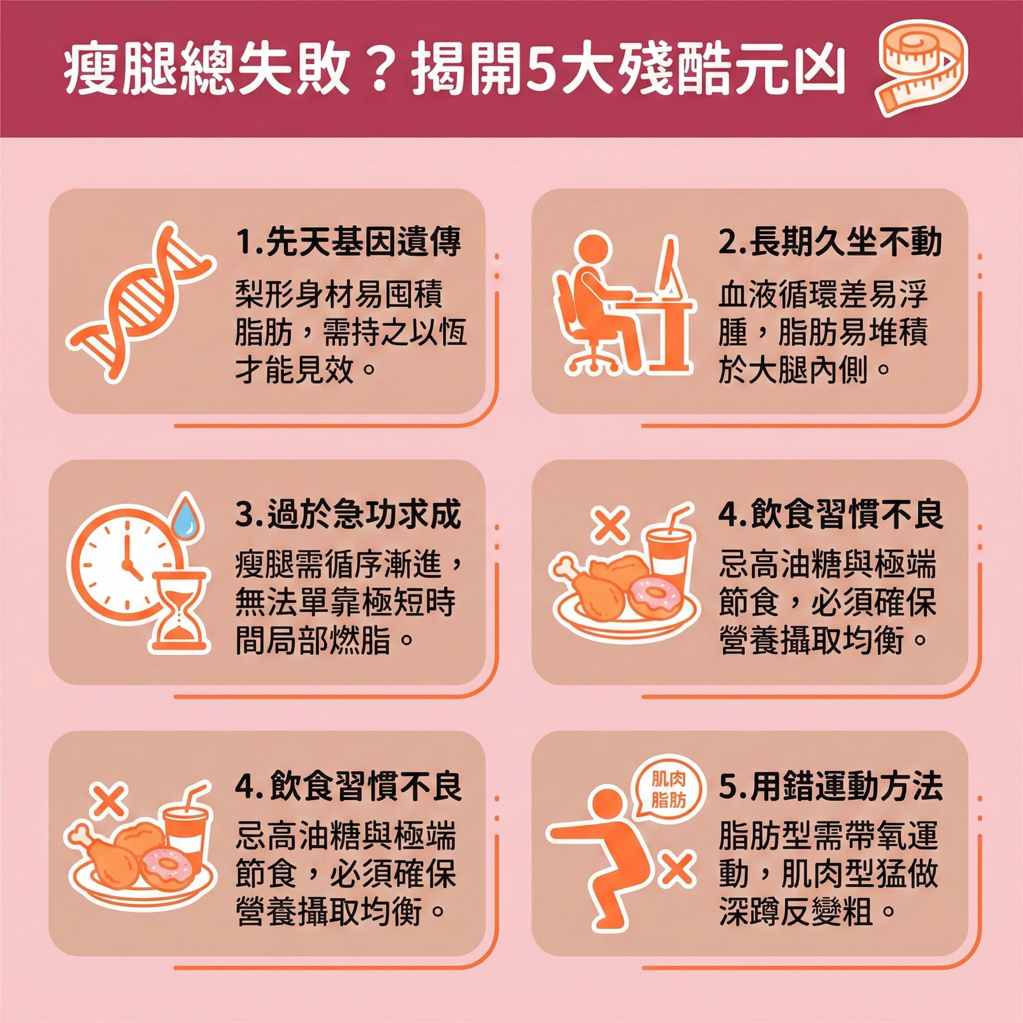 這是一張1:1正方形、台灣健康部落格風格的教育性資訊圖表。圖中詳細解析了為何總是無法瘦大腿與小腿。對於受先天基因影響、需要改善梨形身材的人來說，過多的脂肪與發達的肌肉是兩大難題。若日常久坐不動，會導致血液循環不佳與淋巴阻塞，引發嚴重水腫。為舒緩腿部疲勞與改善下半身水腫，必須促進血液循環並活化系統以疏通淋巴排毒。

飲食方面，我們需控制熱量攝取，精算卡路里，減少精緻碳水化合物並補充優質蛋白質與燕麥等高纖食物。搭配低碳飲食法，或在女性荷爾蒙變化的經期善用經期減肥法，能有效減少脂肪積聚。運動上，必須配合帶氧運動（如規律的帶氧運動）來提升基礎代謝與整體新陳代謝，從而燃燒腿部脂肪。做對運動能避免雙腿變粗，並能消除肌肉型小腿。

若想快速消除大腿贅肉，可考慮醫學美容的局部減脂療程。透過先進的無痛溶脂技術，如冷凍溶脂、射頻等高科技溶脂儀器，能精準進行醫美定位修形。香港完美醫療提供專業的專屬瘦身方案，助您收緊腿部線條並塑造修長美腿！