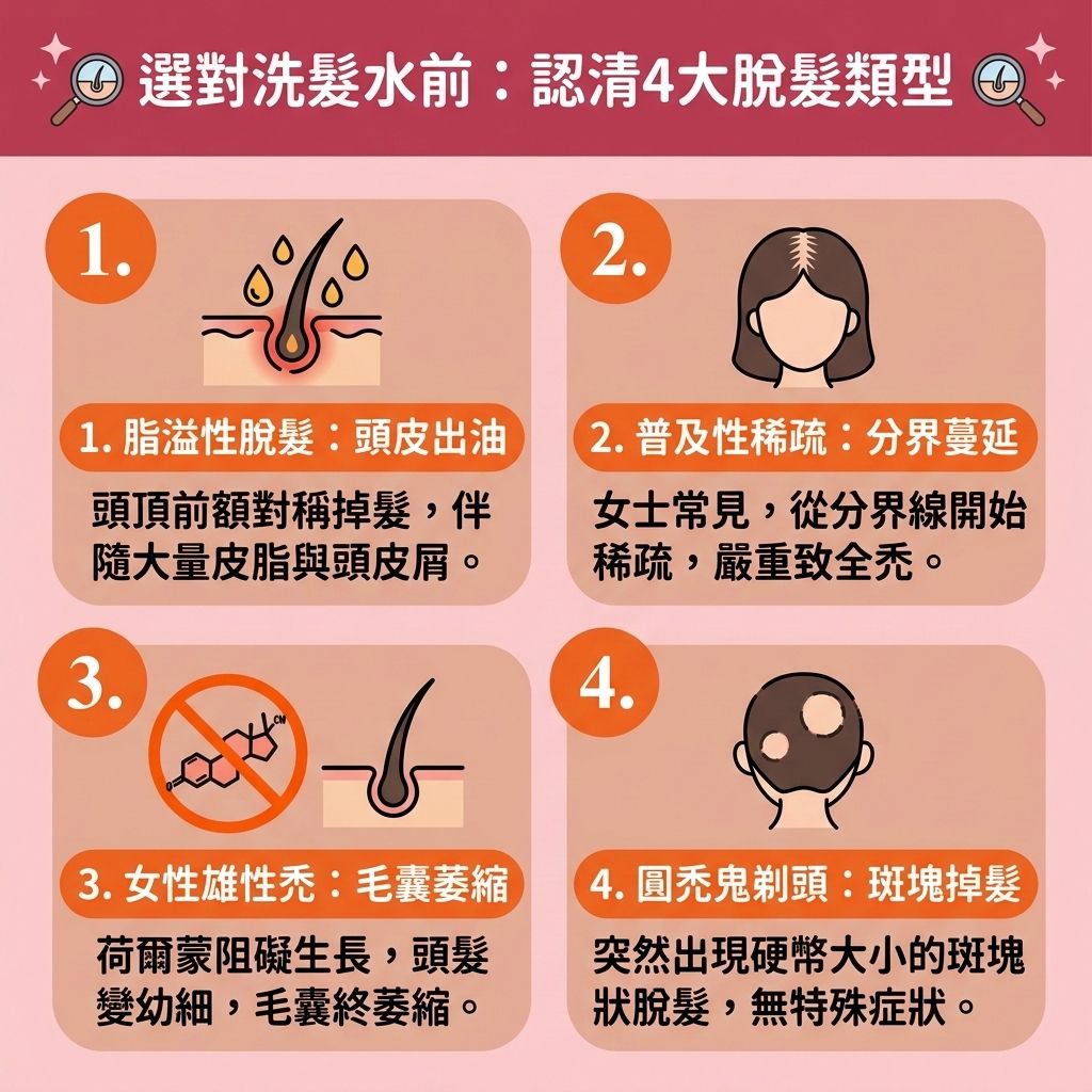 這是一張 1:1 正方形的扁平化向量資訊圖表插畫，採用台灣健康部落格風格，詳細解析4大【女性脫髮原因】。圖表說明了當體內【雌激素】失衡，【睪酮】轉化為【雙氫睪酮】等【荷爾蒙】問題時，會引發【遺傳性脫髮】及【雄性禿】。若【皮脂腺】異常導致【頭皮油脂分泌】過多，未做好【日常頭皮護理】與【解決毛孔堵塞】，將破壞【角質層】，引發【毛囊炎】與【脂溢性脫髮】，最終導致嚴重【脫髮】。

為了執行有效的【預防脫髮方法】並【改善頭髮稀疏】，圖表建議使用優質的【防脫髮洗頭水】（如含有【胺基酸】與【咖啡因】的【無矽洗頭水】）。這類產品能避開【矽靈】負擔，發揮【咖啡因洗髮露功效】，【溫和清潔頭皮】，【改善頭皮血液循環】與整體【血液循環】。

在【雄性禿治療】方面，醫學上可透過【抑制荷爾蒙】的【非那斯特萊】或塗抹含【米諾地爾】的【生髮水】，以【激活休眠毛囊】，【強健髮根】，【延長生長週期】，【減少掉髮】並【促進頭髮生長】。若要深入改善【頭皮】與【毛囊】健康，可進一步尋求【專業生髮療程】或【植髮】來徹底解決危機。