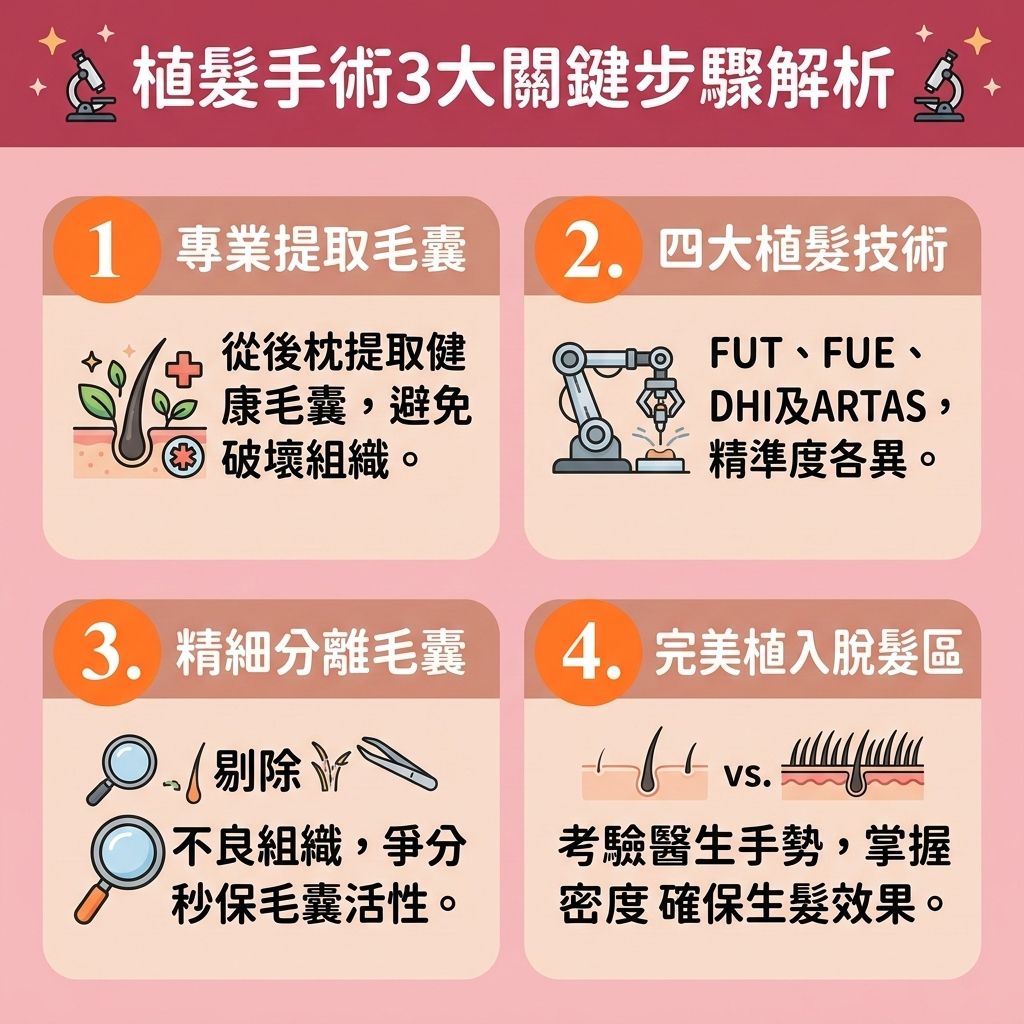 這是一張 1:1 正方形的可愛扁平化向量資訊圖表插畫，採用台灣健康部落格風格，詳細解析【植髮手術過程】與【植髮效果對比】。圖表分為三個主要步驟。

首先，面對因【荷爾蒙】失調及【雙氫睪酮】過高引發的【男性脫髮危機】或【解決女性脫髮】需求（如嚴重的【雄性禿】與【脫髮】），【植髮】是終極的【雄性禿治療方法】。圖中展示專業的【植髮醫生推薦】在局部【麻醉】下，從【捐髮區】（通常是後枕部）安全地【提取健康毛囊】。這裡比較了傳統【手術】（可能留有【疤痕】）與新型的【微創植髮技術】，說明如何避免【植髮失敗原因】。

第二步是分離【毛囊】，確保其在植入前保持高活性。第三步是將毛囊植入【受髮區】，【醫生】會精準控制種植【密度】，以確保最佳的【毛囊存活率】（【存活率】）並【改善頭髮稀疏】。健康的【頭皮】與【皮脂腺】環境能促進局部【血液循環】，幫助新髮順利進入【生長期】，避免過早進入【休止期】，從而【延長生長週期】並【減少掉髮數量】。

圖表下方還提供【術後頭皮護理】指南與【植髮恢復期】注意事項，教導如何避免【植髮後遺症】。同時建議搭配【生髮水】來【刺激毛囊再生】並作為【預防脫髮方法】。最後提醒民眾在尋求【專業植髮中心】時，應多做【植髮價錢比較】。