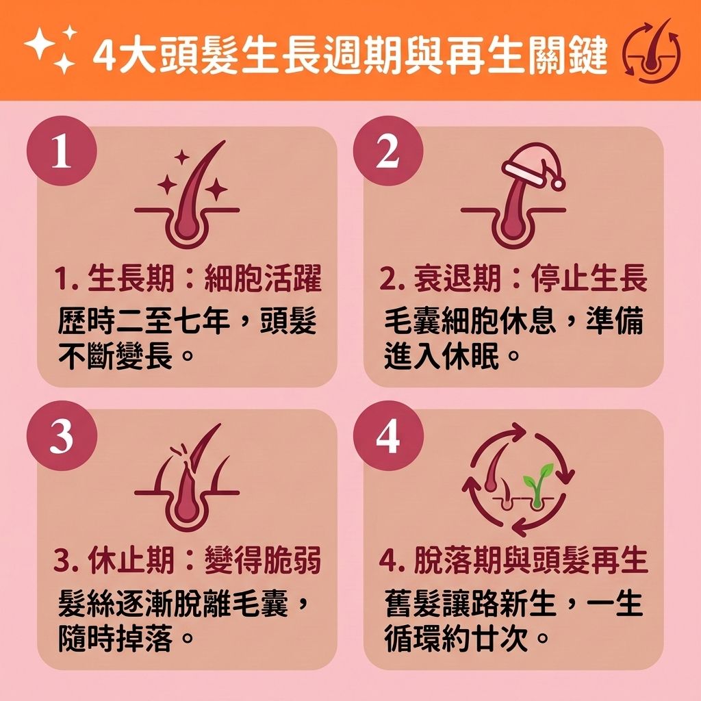 這是一張 1:1 正方形的可愛扁平化向量資訊圖表，採用台灣健康部落格的醫美風格，詳細解說【生長週期】與【頭髮再生】的奧秘。圖表指出，若【荷爾蒙】失調轉化為【雙氫睪酮】，會強烈攻擊【頭皮】的【毛囊】，加上【皮脂腺】異常，極易引發【雄性禿】與異常【脫髮】，導致頭髮無法順利進入下一個週期。

為了落實【預防脫髮方法】並【調理頭皮健康】，我們必須做好【頭皮深層清潔】與【改善頭皮環境】，並挑選合適的【防脫髮洗髮露】。日常應維持良好的【血液循環】以【改善頭皮血液循環】，幫助輸送並【補充頭髮營養】，例如攝取足夠的【蛋白質】、【維他命】、【鐵質】、【鋅質】與【生物素】。這些營養能幫助合成【角蛋白】與【膠原蛋白】，達到【滋養脆弱髮絲】與【強健脆弱髮根】的功效。

若要【解決前額脫髮】並【改善髮線後移】，圖表建議可使用含藥性的【生髮水】，或尋求【專業生髮療程】（如【激光生髮】）。這些專業對策能有效【激活休眠毛囊】、【刺激毛囊再生】並【延緩毛囊萎縮】，進而【延長生長週期】、【促進頭髮生長】、【減少掉髮數量】、【改善頭髮稀疏】與【增加頭髮密度】。若毛囊已嚴重壞死，最終亦可考慮【植髮】手術來重獲新生！
