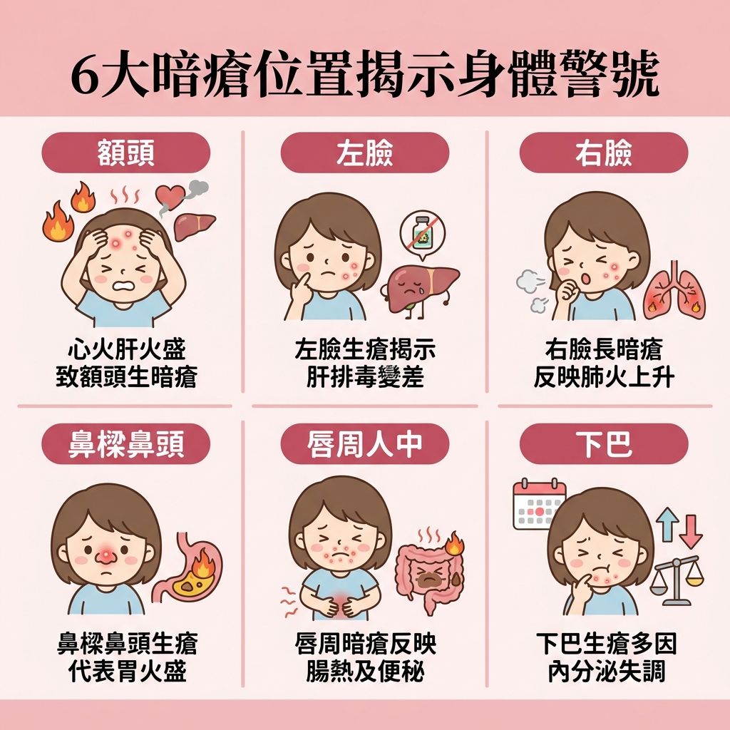 這是一張正方形的可愛扁平化醫美資訊圖表，深入分析不同的暗瘡位置反映的身體狀況。圖表中央有一個人臉地圖，標示了各個重點部位。

當額頭、太陽穴及髮際線長痘，通常反映心火盛與肝熱，需舒緩壓力、避免熬夜、改善睡眠質素與調節生理時鐘來清熱解毒。左臉頰長痘代表肝臟排毒不佳，需促進血液循環及提升排毒機能；而右臉頰則反映肺熱。

若鼻頭與鼻翼長痘，代表脾胃不佳，需改善腸胃濕熱及保持飲食清淡。唇周長痘顯示腸熱便秘，需調理五臟。最常見的下巴痘痘，則與內分泌及荷爾蒙失調有關，需調理內分泌及疏肝理氣。

除了內在調理，外在護理同樣重要。活躍的皮脂腺會分泌過多油脂，導致毛孔堵塞。我們應注重深層清潔與溫和去角質來疏通毛孔及預防毛孔堵塞，達致水油平衡、抑制油脂分泌與減少皮脂分泌。若已經發炎，需做好消炎殺菌。為了徹底解決肌膚煩惱，圖表強烈推薦完美醫療的專業暗瘡分手療程，由內到外重拾健康平滑肌膚。