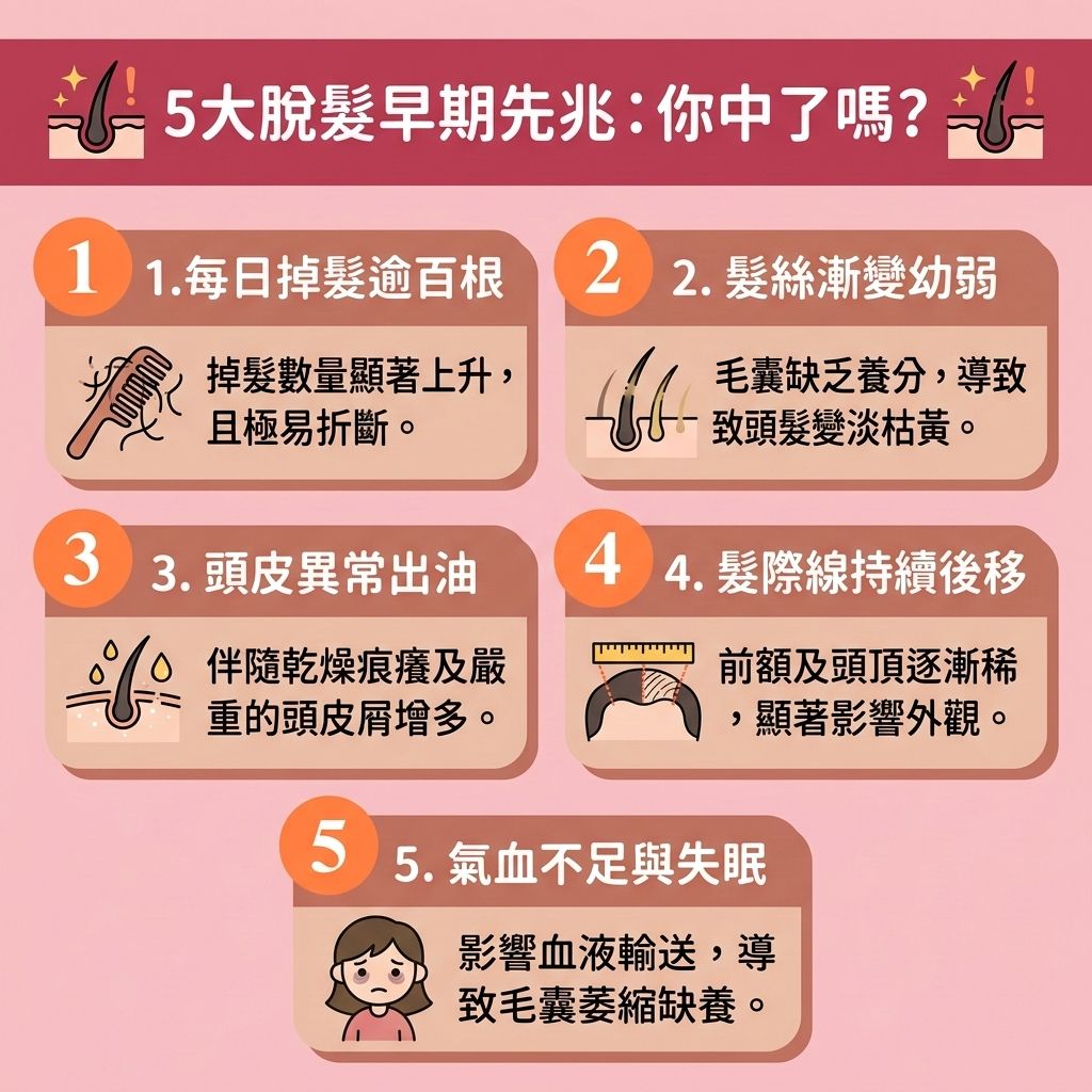 這是一張 1:1 正方形的扁平化向量資訊圖表插畫，採用台灣健康部落格風格，詳細解析5大【脫髮早期先兆】。無論是【女性脫髮原因】還是【男性脫髮危機】，當體內的【荷爾蒙】（如【睪酮】）轉化為【雙氫睪酮】時，會無情攻擊【前額】與【額角】的【毛囊】，引發嚴重的【雄性禿】與【髮線】後移。圖表指出，若【頭皮】的【皮脂腺】異常導致【頭皮油脂分泌】過剩，會影響【血液循環】與【蛋白質】的吸收，造成嚴重【脫髮】。

為有效【解決前額脫髮】與【改善頭髮稀疏】，圖表建議及早採取正確的【預防脫髮方法】來【改善頭皮環境】。醫學上可透過塗抹含有【米諾地爾】的【生髮水】或服用【非那斯特萊】來【強健脆弱髮根】、【延長生長週期】並【激活休眠毛囊】。此外，善用【鋸棕櫚】進行【鋸棕櫚防脫髮】也能幫助【抑制男性荷爾蒙】，從而【刺激毛囊再生】與【促進頭髮生長】。

若要進一步【增加頭髮密度】及進行【髮線後移治療】，除了尋求【專業生髮療程】與先進的【植髮】手術外，也可考慮【無創增髮技術】，例如配戴【織髮】或【假髮】來完美【遮蓋地中海】，重拾年輕與自信！