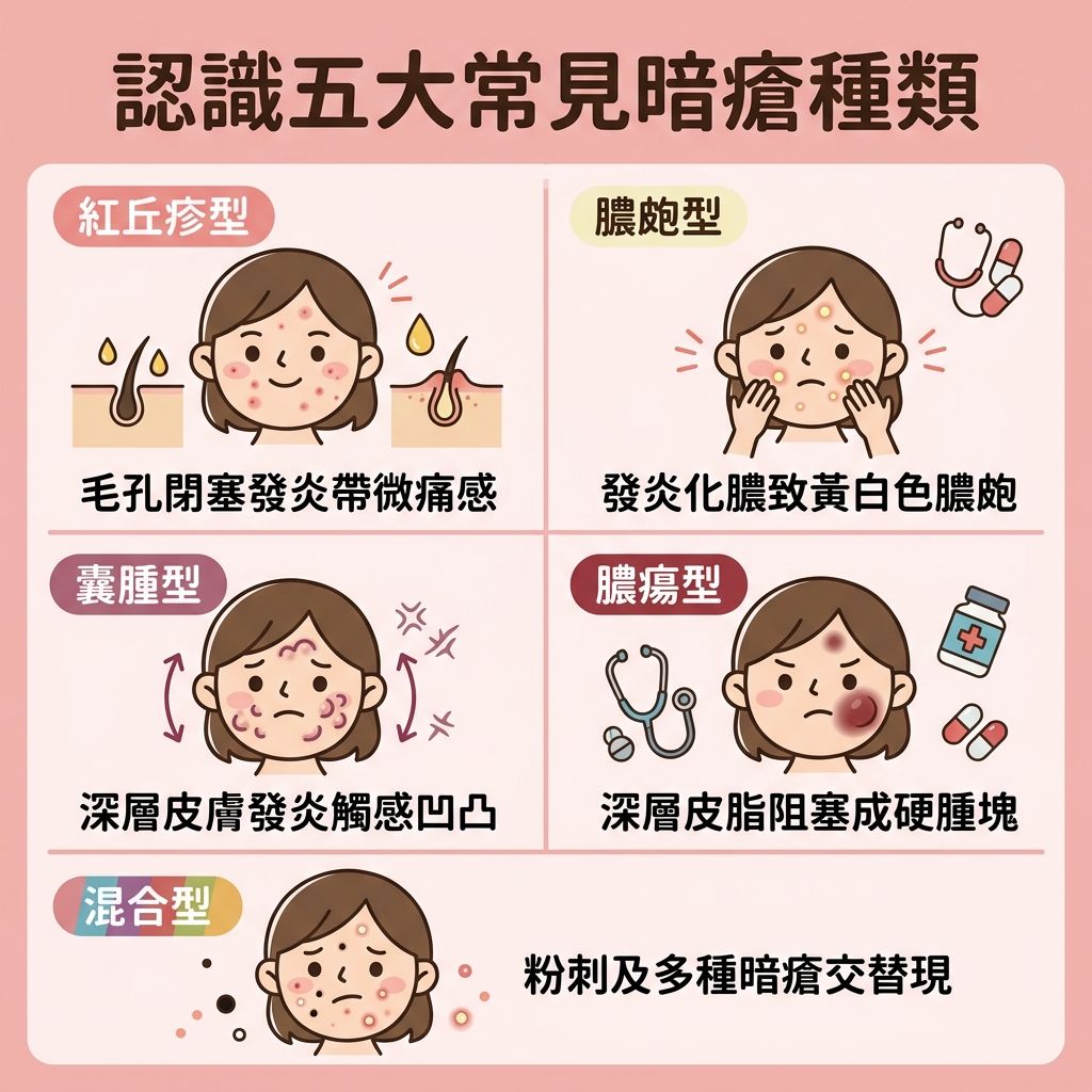 這是一張正方形的扁平化向量醫美資訊圖表，背景使用柔和粉色調，主題為「暗瘡種類全圖鑑」。

圖表由上至下分為五個區塊，詳細解析不同暗瘡 (Acne) 類型。

顯示紅丘疹型，說明油脂分泌過多導致毛孔堵塞與皮脂腺 (Sebaceous Glands) 發炎，建議徹底清潔及水油平衡。

展示膿瘡 (Pustules) 與黑頭粉刺 (Blackheads / Comedones)，強調細菌感染與痤瘡桿菌 (P. acnes) 造成發炎紅腫。圖示警告避免擠壓以預防疤痕及淡化痘印。

描繪囊腫型與石頭瘡 (Cystic Acne)，發炎深入角質層 (Stratum Corneum)，指出荷爾蒙 (Hormones) 與紓緩生活壓力的重要性。建議使用水楊酸 (Salicylic Acid / BHA)、果酸 (AHA) 或茶樹油 (Tea Tree Oil) 幫助去除老廢角質。

介紹嚴重的膿瘍型，圖示建議醫療級換膚或激光治療 (Laser Treatment) 來抑制黑色素、刺激膠原增生 (膠原蛋白 (Collagen)) 及舒緩鎮靜。

提及混合型，建議專業皮膚分析與敏感肌膚護理。
圖表周圍裝飾包含治療元素如暗瘡貼 (Acne Patch) 用於吸收分泌物與加速傷口癒合，以及視黃醇 (Retinol)、異維A酸 (Isotretinoin / A酸)、抗生素 (Antibiotics) 與類固醇 (Steroids) 等藥物圖示。底部文字提醒注意紫外線 (UV Rays) 防護，調整飲食習慣，並推薦完美醫療 (Perfect Medical) 的專業協助。
