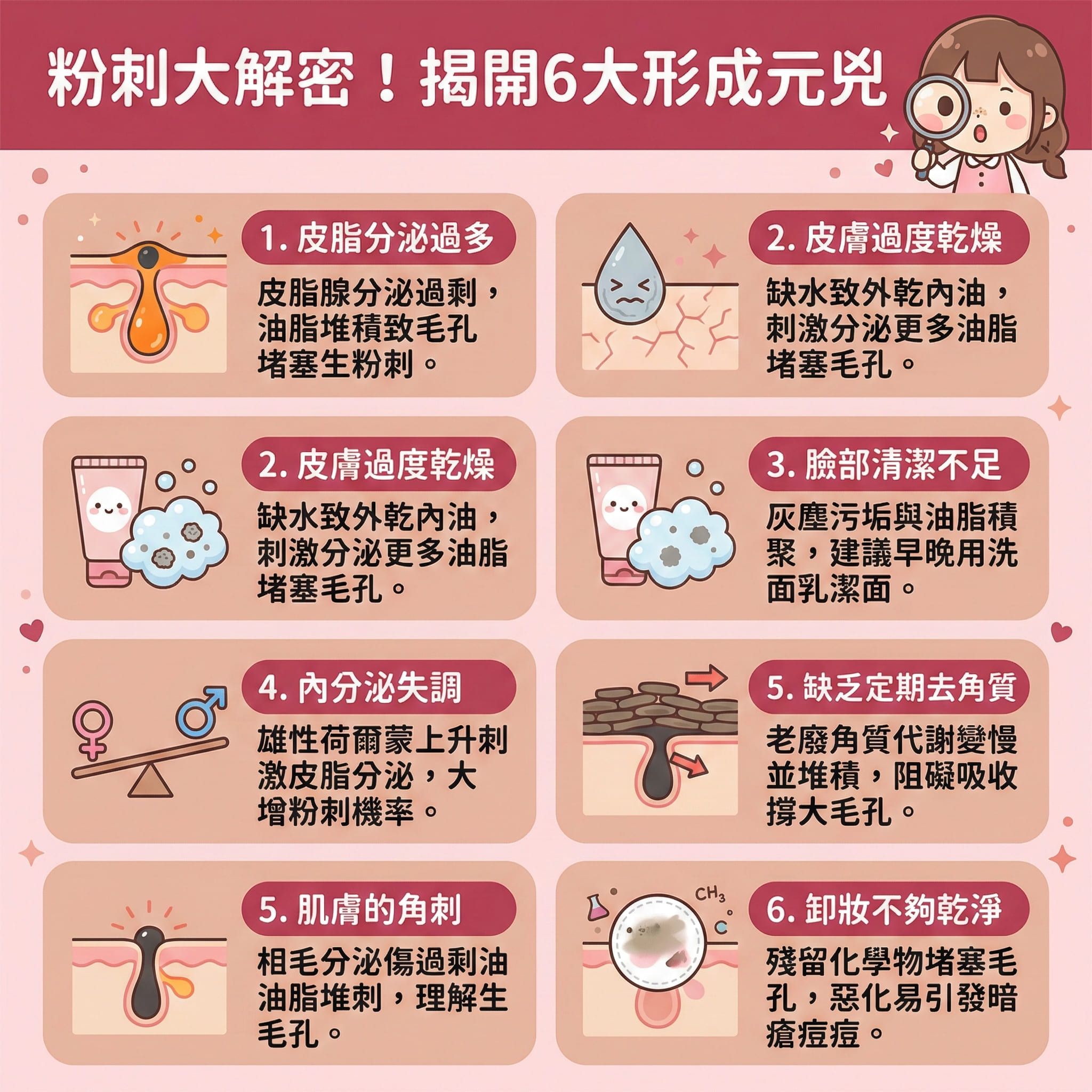 這是一張正方形扁平化的醫學美容資訊圖表，詳細講解粉刺成因。當荷爾蒙失調或缺乏徹底卸妝與深層清潔時，會導致皮脂腺異常，引發過多油脂分泌與皮脂堆積。加上死皮與過厚的角質層未及時清理，便會造成毛孔堵塞及毛囊發炎，進而形成黑頭、白頭甚至暗瘡和嚴重的石頭瘡。痤瘡桿菌亦會在其中大量繁殖。

圖表建議日常護理需控制出油與水油平衡，使用含水楊酸或果酸的產品來溫和去角質及溶解油脂，以疏通毛孔、消炎殺菌及預防發炎。切記避免擠壓，以免留下凹凸洞。若要修復屏障與改善粗糙，需調節內分泌與鎮靜肌膚。針對嚴重情況，建議尋求皮膚科醫生的協助，利用激光治療來促進新陳代謝並收細毛孔。強烈推薦體驗完美醫療的專業暗瘡分手療程，能有效減少粉刺、平滑肌膚，為您帶來極致的醫美體驗。