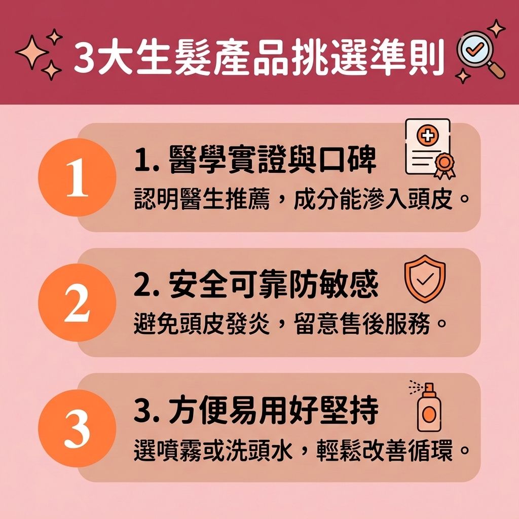 這是一張 1:1 正方形的可愛扁平化向量資訊圖表，採用台灣健康部落格風格，提供專業的【生髮產品推薦】。圖表教導大家面對【男性脫髮危機】或需要【解決女性脫髮】時的挑選準則。市面上對抗【脫髮】與【雄性禿】的產品眾多，如【生髮水】、【防脫髮洗頭水】（【洗頭水】）、【精華液】或【外用生髮精華】等【外用藥物】。

圖中說明，優質的產品應能穿透【角質層】深入【頭皮】，【補充頭髮營養】，並維持【皮脂腺】健康，作為良好的【日常頭皮護理】以【改善頭皮環境】。含有【咖啡因】或【米諾地爾】成分的產品能【改善頭皮血液循環】（促進整體【血液循環】），進而【激活休眠毛囊】、【刺激毛囊再生】並【促進頭髮生長】。

針對因【荷爾蒙】失調、體內【雙氫睪酮】過高引起的掉髮，醫生可能會建議使用【非那斯特萊】等【口服藥】，以【抑制荷爾蒙】，發揮最佳【生髮藥物效果】。這些方法能【強健脆弱髮根】、【延長生長週期】、【減少掉髮數量】並【改善頭髮稀疏】。同時，圖表提醒要注意【生髮水副作用】（及其他【副作用】）。若情況嚴重且【毛囊】萎縮，圖表也建議尋求【生髮療程】、【專業生髮療程】甚至【植髮】來徹底解決三千煩惱絲。