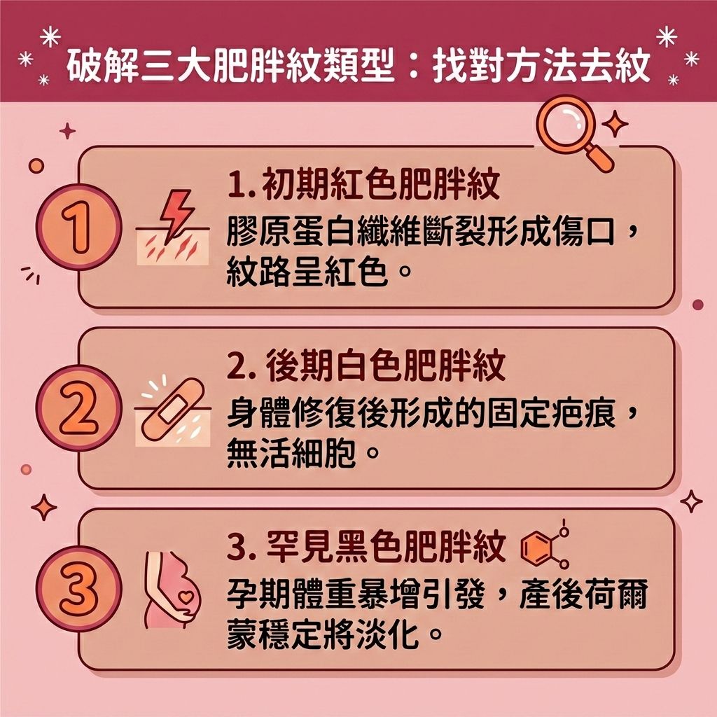 這是一張 1:1 正方形的扁平化向量資訊圖表插畫，嚴格採用指定的台灣健康部落格懶人包風格。圖表以可愛、具教育性與醫美感的方式解析「破解三大肥胖紋類型」，底部保持純淨留白。

圖表詳細分析了肥胖紋（包含妊娠紋與生長紋）的不同階段。探討肥胖紋成因，通常是因為體重急速變化（例如體重暴增或不當使用類固醇），導致皮下脂肪與脂肪細胞快速增加，造成皮下脂肪膨脹，進而撐破真皮層的膠原蛋白與彈性纖維。

初期會經歷肥胖紋紅色白色階段中的紅色期，此時應重視預防肥胖紋產生並積極尋找消除肥胖紋方法。若未及時處理，紋路會轉為白色固定疤痕，且常伴隨橘皮組織，讓人急需改善凹凸不平的皮膚表面。而罕見的黑色紋路多與孕期荷爾蒙劇烈變化有關，常見於腹部、大腿與臀部。

想要有效淡化生長紋、改善皮膚鬆弛及解決減肥皮膚鬆弛問題，單靠塗抹玻尿酸與維他命來提升肌膚保水度效果有限。專業的醫學美容是最佳的醫美去紋推薦！透過無創去紋療程（如激光與射頻技術），能深入刺激真皮層修復，促進膠原蛋白增生並恢復皮膚彈性。若再搭配能燃燒深層脂肪的局部減脂療程與專業的產後修身療程，不僅能有效去紋，更能緊緻身體線條，全面重拾平滑美肌！