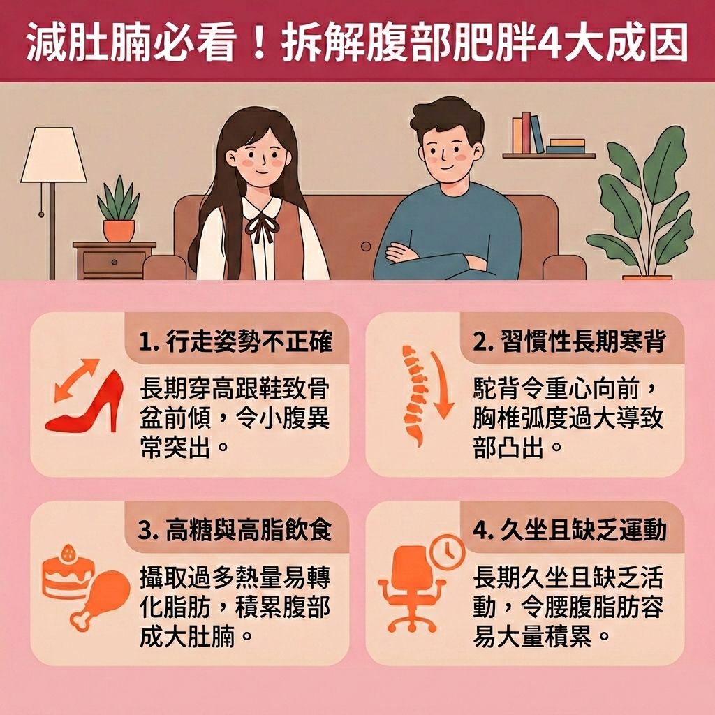 這是一張台灣健康部落格風格的 1:1 正方形醫美資訊圖表。圖中的長髮女生站在男生的場景中（面部表情保持不變），正在尋找減去大肚腩的方法。造成大肚腩的原因很多，不良姿勢需要糾正骨盆前傾（保護骨盆）來改善假肚腩。飲食上若攝取過多卡路里與精緻碳水化合物，會增加皮下脂肪與內臟脂肪。我們應控制熱量攝取，多補充蛋白質與膳食纖維，以促進腸胃蠕動、排清體內毒素與改善消化不良，有效預防宿便與腸胃問題。

久坐不動易引起水腫，為改善下半身水腫，必須配合帶氧運動（如規律帶氧運動）來增加肌肉與腹肌，並鍛鍊核心肌群（強化核心肌群）。這能提升基礎代謝與整體新陳代謝，減少脂肪積聚，有效燃燒內臟脂肪與消除腹部脂肪，最終塑造平坦小腹與收緊腹部線條。

若想對付深層頑固脂肪，可選擇醫學美容的局部減脂療程。香港完美醫療提供專業的醫美定位修形，採用先進的無痛溶脂技術與頂尖溶脂科技，為您消除頑固脂肪，輕鬆重獲健康體態！