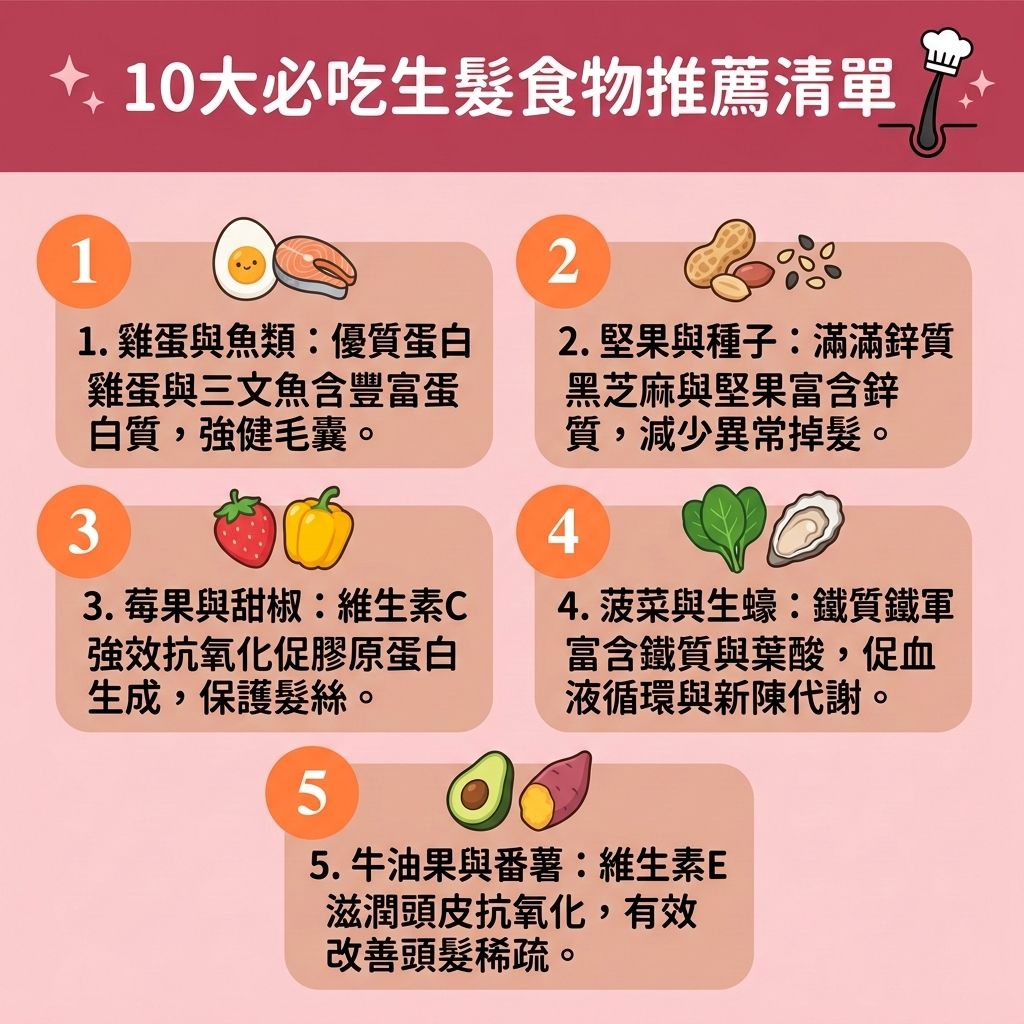 這是一張 1:1 正方形的扁平化向量資訊圖表插畫，採用台灣健康部落格風格，詳列 10 大【生髮食物推薦】與【防脫髮飲食】指南。面對【女性脫髮原因】與【男性脫髮危機】，當【頭皮】缺乏營養或【頭皮油脂分泌】異常導致【脫髮】與【雄性禿】時，及時【補充頭髮營養】與【補充蛋白質】是關鍵的【預防脫髮方法】。

圖表建議多攝取富含【蛋白質】與【氨基酸】的【雞蛋】與【三文魚】，有助於合成【角蛋白】，【強健髮根】並保護【毛囊】。富含【鋅質】與【生物素】的【堅果】、【黑芝麻】及生蠔，能【減少掉髮】。同時，菠菜中的【鐵質】與【葉酸】能【改善頭皮血液循環】與【血液循環】，促進【新陳代謝】。莓果與甜椒則能促進【膠原蛋白】生成。

這些【生髮營養素】能【溫和清潔頭皮】、【舒緩頭皮敏感】、【頭皮保濕護理】、【解決毛孔堵塞】，有效【激活休眠毛囊】，【延長生長週期】並【促進頭髮生長】。若想進一步【改善頭髮稀疏】，除了食療，也可搭配含藥用成分的【生髮水】，或尋求【專業生髮療程】與【植髮】技術來重拾濃密秀髮！