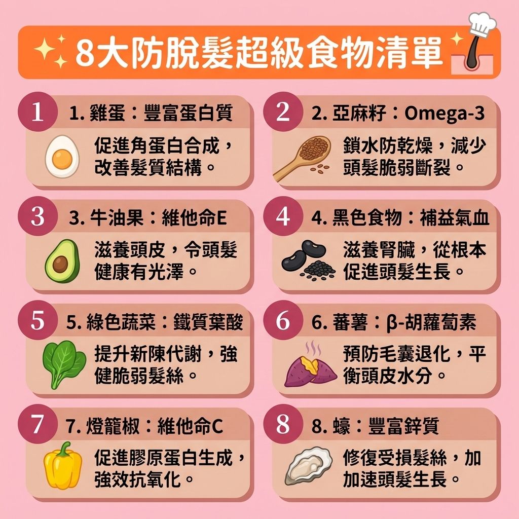 這是一張 1:1 正方形的可愛扁平化向量資訊圖表，以台灣健康部落格風格介紹【防脫髮食物】與【脫髮食療】，教導大眾如何透過飲食作為【預防脫髮方法】來【解決掉髮問題】。

圖表指出，若因【腎虛】或【氣血】不足導致脫髮，必須【調理肝腎氣血】及進行【中醫脫髮調理】。建議多吃【黑芝麻】、【何首烏】、【黑豆】與【核桃】，幫助【滋養脆弱髮絲】與【改善頭髮稀疏】。日常應攝取【豐富蛋白質食物】如【雞蛋】，能補充【蛋白質】與【生物素】，促進【角蛋白】與【膠原蛋白】生成，有助於【強健脆弱髮根】並【增加頭髮密度】。

多吃【菠菜】、【海帶】等含有【鐵質】與【維他命】的蔬菜，能【改善貧血脫髮】，維持良好的【血液循環】以【促進頭皮血液循環】，進而【補充頭髮營養】及【改善頭皮環境】。適量補充含有【鋅質】的食物，能【平衡頭皮油脂】，保護【頭皮】與【毛囊】，達到【延緩毛囊老化】、【激活休眠毛囊】及【刺激毛囊再生】的效果，最終能【減少掉髮數量】並【促進頭髮生長】！