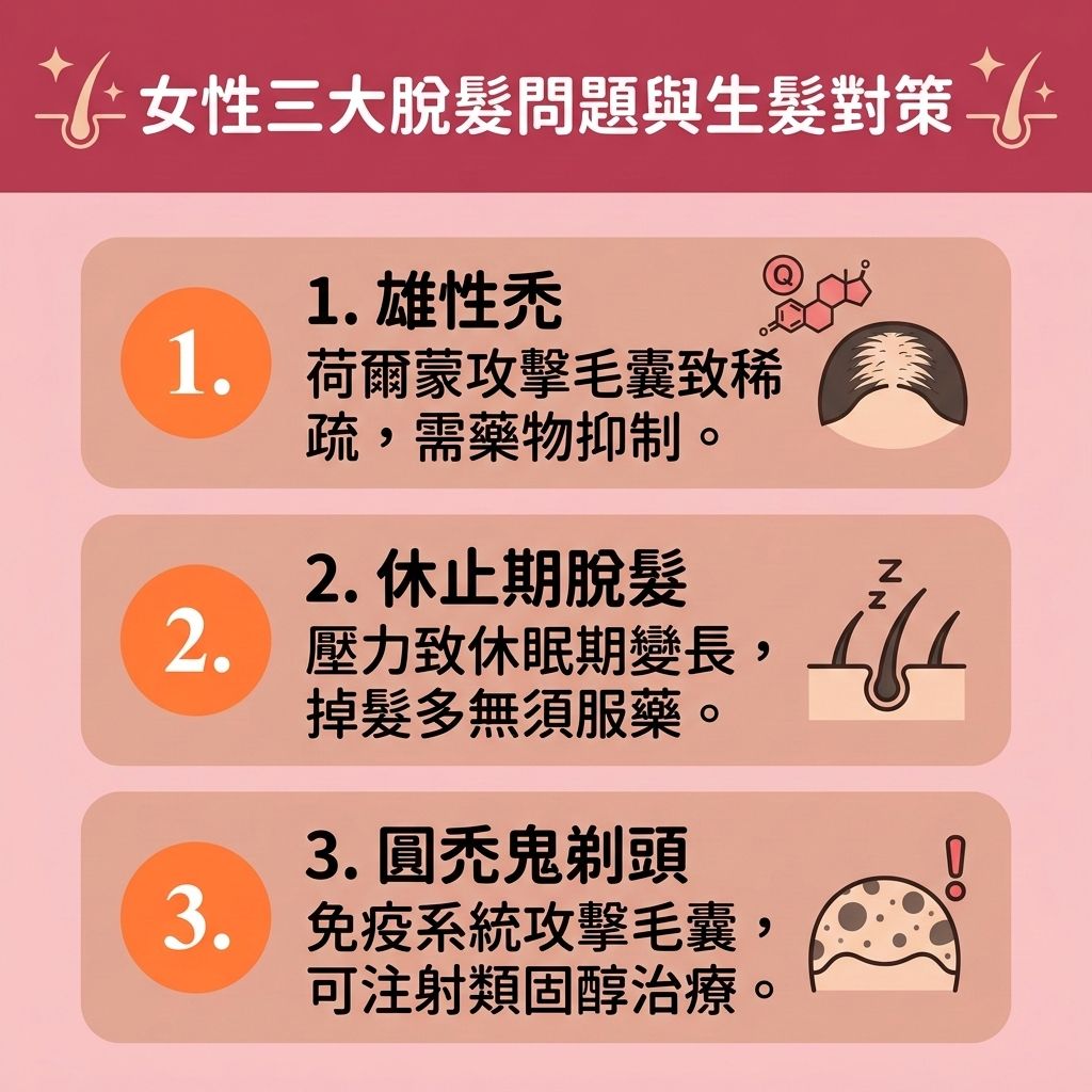 這是一張 1:1 正方形的台灣健康部落格風格資訊圖表，主題探討【女性脫髮原因】與【生髮藥物推薦】。圖表詳細解析三大【脫髮】類型。第一是受【遺傳】與【荷爾蒙】影響的【遺傳性脫髮】與【脂溢性脫髮】（即【雄性禿】）。當體內【睪酮】轉化為【雙氫睪酮】會攻擊【毛囊】，【抑制荷爾蒙】成為關鍵的【雄性禿治療方法】。此時可使用含【米諾地爾】或【非那斯特萊】的【處方藥物】、【口服生髮藥】及【外用生髮水】（如【生髮水】），幫助【預防脫髮】、【延長生長週期】並【激活休眠毛囊】，同時需注意【生髮水副作用】及【副作用】風險。

第二是休止期脫髮，壓力等因素會使頭髮減少，需【強健髮根】、【改善頭髮稀疏】與【減少掉髮】。第三是圓禿，因免疫系統攻擊引發局部掉髮，嚴重者可能需考慮【植髮】或【專業生髮療程】。日常保養上，圖表建議維持良好的【血液循環】，平衡【雌激素】，避免【皮脂腺】分泌過盛導致【頭皮油脂分泌】異常或【毛囊炎】。可搭配【咖啡因】成分的【洗髮水】或【防脫髮洗頭水】，發揮【咖啡因洗髮露功效】，幫助保護【頭皮】，【促進頭髮生長】。這是一張深具醫美教育意義的圖解指南。