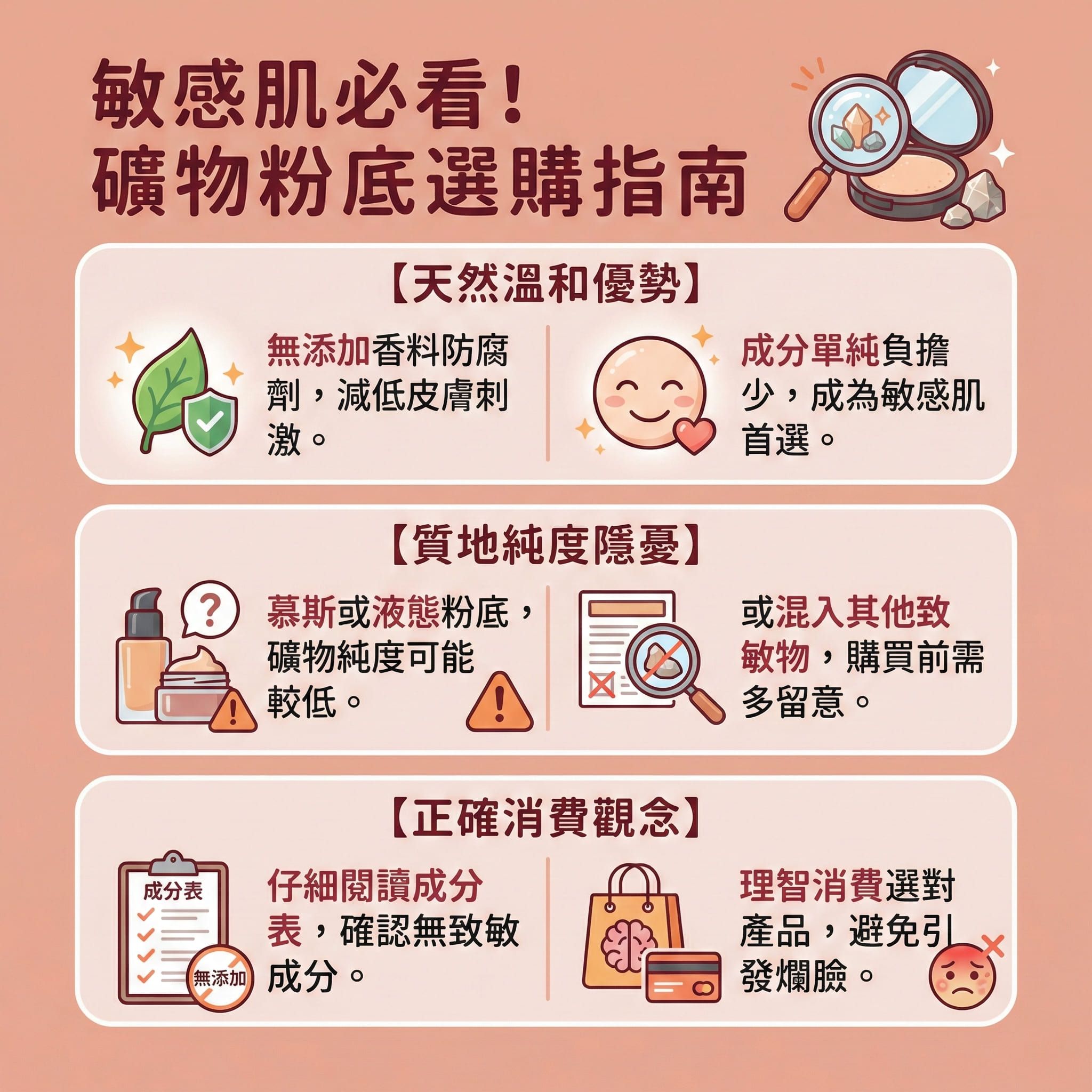 這是一張方形扁平化向量資訊圖表，主題為礦物粉底選購指南，以台灣健康部落格風格呈現，適合醫學美容教育。圖表探討為何皮膚科醫生推薦使用礦物化妝品，尤其是作為敏感肌粉底。這類無添加化妝品蘊含天然礦物成分如雲母、氧化鐵，以及作為物理防曬成分的二氧化鈦與氧化鋅，能提供防曬與遮瑕效果，輕鬆打造透薄自然底妝。因為不含化學成分、防腐劑、香料及滑石粉，它溫和不刺激，能減少皮膚負擔。對於暗瘡肌膚，它是一款優質的不致粉刺粉底，不會與皮脂混合而堵塞毛孔形成粉刺，有助於預防暗瘡惡化，是熱門的礦物粉底暗瘡肌及礦物粉底推薦選擇。圖表也說明了礦物粉底用法，建議使用化妝掃沾取碎粉進行控油定妝，有助減少油脂分泌、改善毛孔堵塞並遮蓋暗瘡印。清潔方面，許多這類產品只需一般洗面乳卸妝，免去繁複的卸妝步驟。此外，圖表特別提醒了礦物粉底缺點，即液態質地可能純度不足而致敏，提醒消費者購買礦物粉底前需仔細檢查。