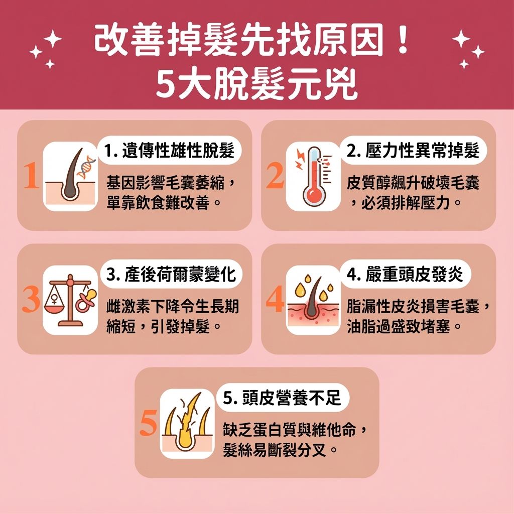 這是一張 1:1 扁平化醫美資訊圖表，探討掉髮原因與【生髮飲食推薦】。圖中指出，【調理內分泌失調】與【改善產後脫髮】是關鍵，因為荷爾蒙變化會嚴重影響【頭皮】與深層【毛囊】。若缺乏營養，會導致【角蛋白】、【膠原蛋白】與【氨基酸】流失，必須【補充頭髮營養】才能【強健脆弱髮根】。

在挑選【預防脫髮食物】時，建議多攝取富含【蛋白質】的【雞蛋】與【三文魚】，以及含有【奧米加三】的【堅果】。搭配【中醫食療養髮】，多吃【黑芝麻】、【黑豆】與【海帶】，能有效【滋養頭皮毛囊】並【改善頭皮環境】。

日常飲食應注重【補充鐵質吸收】，多吃【菠菜】，並攝取富含【鋅】與【生物素】的【生蠔】。充足的【維他命】能達到【抗氧化防脫髮】的極佳效果。這些豐富的營養能【促進血液循環】及維持良好的【血液循環】，進而【延緩毛囊萎縮】。這不僅能【修復受損髮質】、【提升髮絲彈性】，更可【防止頭髮斷裂】及【解決異常掉髮】。最終能成功【促進頭髮生長】、【改善頭髮稀疏】，並大幅【增加頭髮密度】！