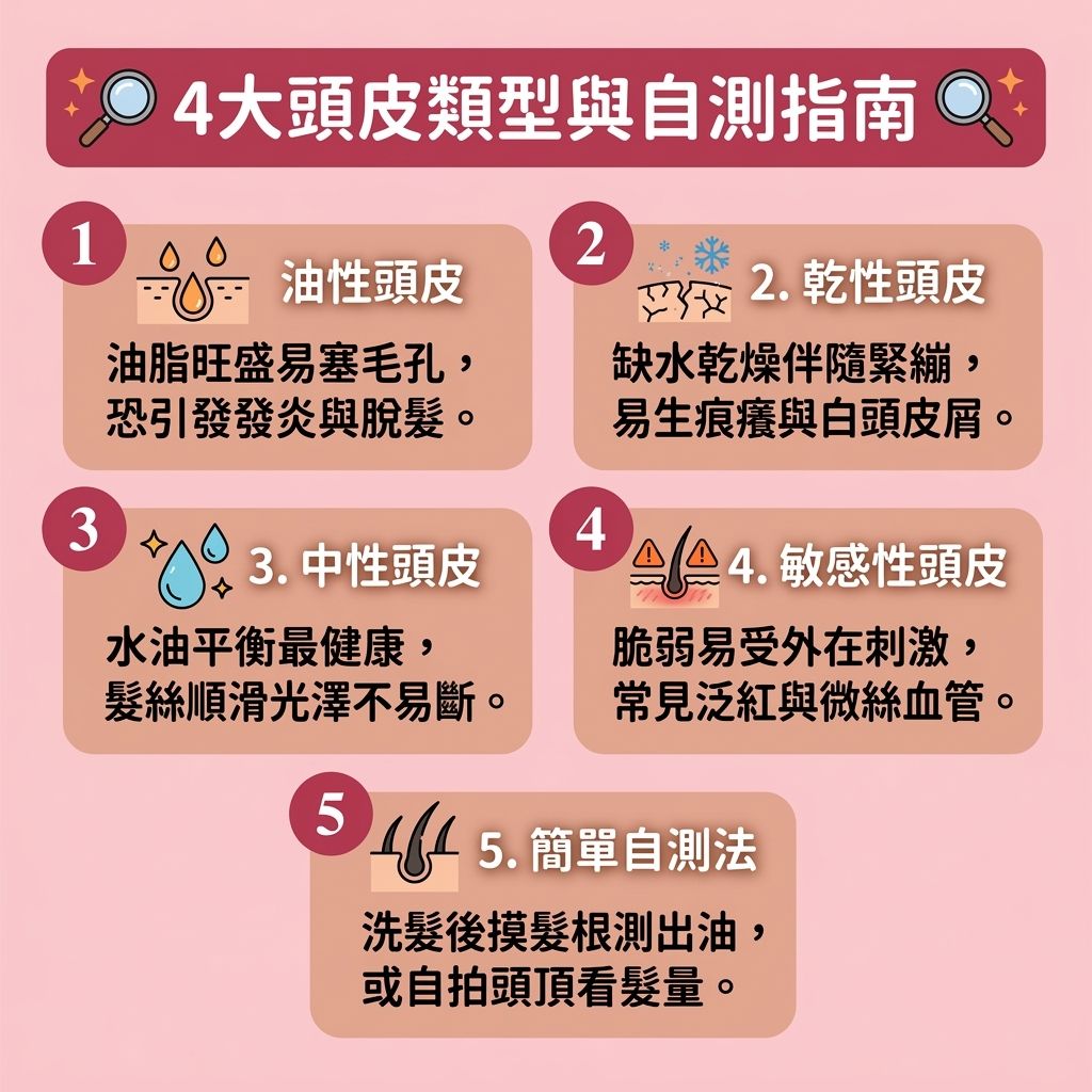 這是一張1:1的醫美資訊圖表，教你【日常頭皮護理】與【頭皮健康測試】。圖中展示使用專業【儀器】進行【頭皮影像分析】，能【放大觀察毛囊】與【檢測角質厚度】。針對【頭皮】的【毛囊】與【髮根】，能準確【評估掉髮風險】與【判斷脫髮成因】。

若【皮脂腺】分泌過多【油脂】，堵塞【毛孔】會引發【頭皮屑】與【真菌】感染，需進行【頭皮深層清潔】與【深層清潔毛孔】，以【控制油脂分泌】。對於脆弱的【角質層】與出現【微絲血管】的頭皮，要及時【修復受損頭皮】並【舒緩頭皮敏感】，可搭配溫和的【洗頭水】與【護髮素】（或嘗試【逆向洗頭方法】）。

為【改善頭皮環境】與【解決頭皮痕癢】，可塗抹【精華】補充【蛋白質】，【促進血液循環】以【預防毛囊萎縮】並協助【毛囊炎治療】。透過【毛囊密度檢查】，能及早發現【雄性禿】與異常【脫髮】，從而【制定生髮方案】，讓頭髮從【休止期】回到【生長期】，保護健康亮麗的【髮絲】！