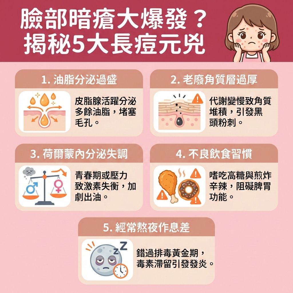 這是一張台灣健康部落格風格的正方形醫美資訊圖表，詳細解析了臉頰、額頭與下巴長暗瘡及痤瘡的五大成因。圖表指出，當內分泌與荷爾蒙失調，或是肝臟與脾胃累積毒素時，會導致皮脂腺異常活躍。若日常未做好徹底清潔皮膚與去除老廢角質，過厚的角質層會導致毛孔堵塞，讓痤瘡桿菌大量繁殖。

為了控制油脂分泌與保持水油平衡，我們必須調整健康作息、改善睡眠質素，並減少進食甜食以達致清熱解毒。日常護理需挑選合適的護膚品與洗面奶來疏通堵塞毛孔，但要避免過度清潔，以保護並增強皮膚屏障（強健的皮膚屏障能抵禦外在侵害）。發炎時需具備抗菌消炎功效以舒緩紅腫發炎，切記要避免擠壓暗瘡以免留疤，並預防毛孔粗大與淡化暗瘡印。透過促進新陳代謝與調節內分泌失調，才能真正改善膚質。若問題嚴重，建議諮詢皮膚科醫生，圖表最後強烈推薦完美醫療的專業醫學美容技術——皇牌「暗瘡分手療程」，助您從根源解決問題，實現長效預防復發！