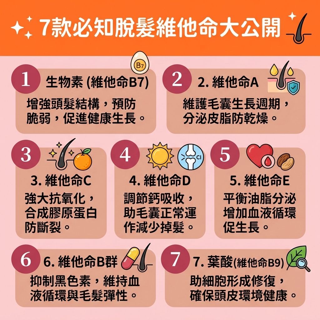 這是一張 1:1 正方形的可愛扁平化向量資訊圖表，教導大眾如何透過【脫髮維他命】作為【預防脫髮方法】來【解決掉髮問題】。

圖中指出，【補充頭髮營養】對【頭皮】與【毛囊】極為重要。攝取【生物素】與【豐富蛋白質食物】（如【雞蛋】與【黑芝麻】），能幫助合成【角蛋白】與【膠原蛋白】，提供必需的【蛋白質】、【鐵質】與【鋅質】。這能【改善貧血脫髮】，幫助製造【紅血球】，並維持良好的【血液循環】以【促進頭皮血液循環】。

為了【改善頭皮環境】與【平衡頭皮油脂】，需要【維他命A】調節【皮脂腺】。而【維他命C】與【維他命E】能【抗氧化防脫髮】並【對抗自由基】，清除傷害頭皮的【自由基】，有助於【延緩毛囊老化】、【滋養脆弱髮絲】與【強健脆弱髮根】。

此外，【維他命D】與【維他命B群】（如葉酸）亦能作為天然的【防脫髮保健品】，幫助【激活休眠毛囊】、【刺激毛囊再生】並【促進頭髮生長】。透過全面補充這些營養，能有效【減少掉髮數量】、【改善頭髮稀疏】並大幅【增加頭髮密度】！