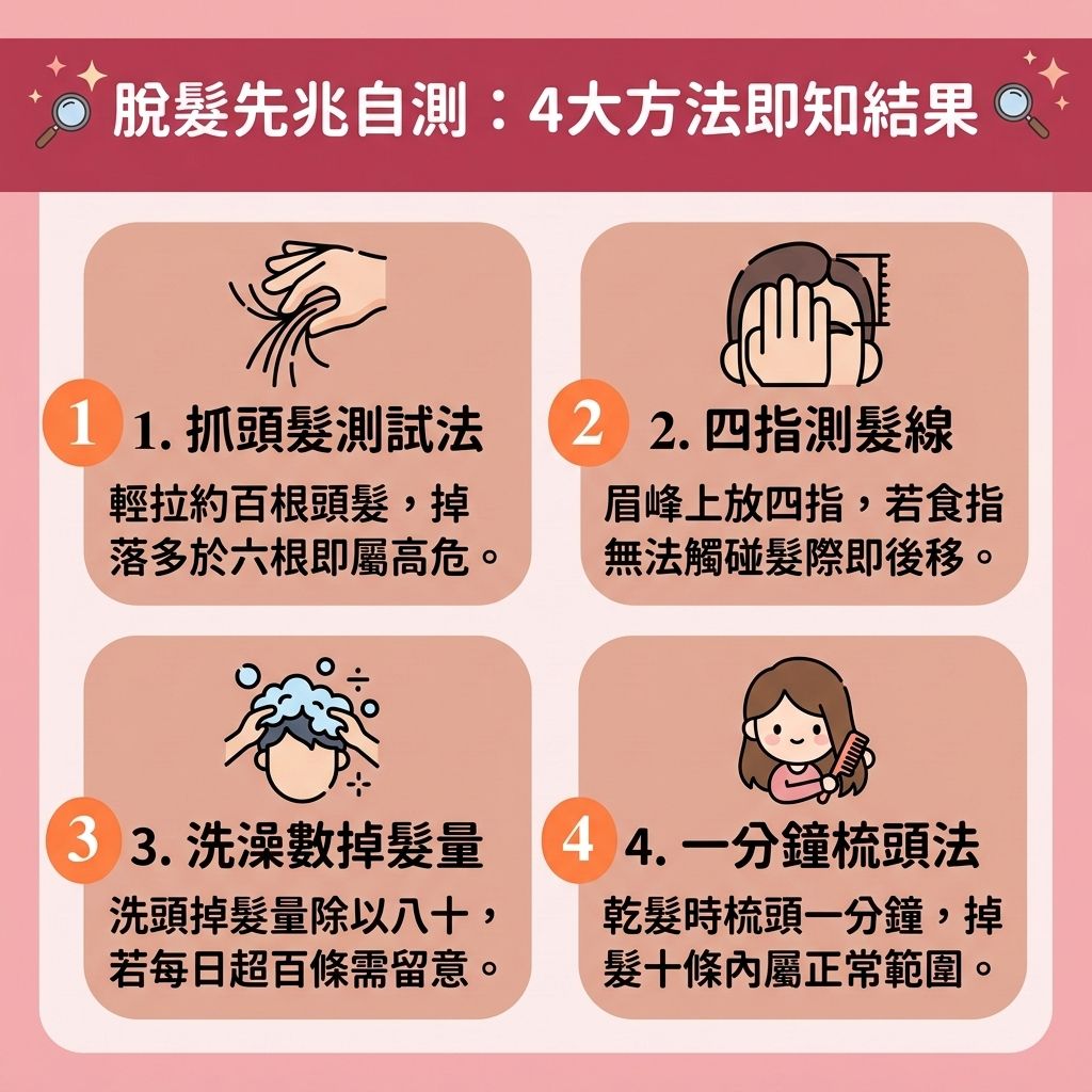 這是一張 1:1 正方形的可愛扁平化向量資訊圖表，採用台灣健康部落格風格，教導讀者檢測【脫髮早期先兆】。圖表解析了【男性脫髮危機】與【女性脫髮原因】，當體內的【睪酮】等【荷爾蒙】異常轉化為【雙氫睪酮】時，會攻擊【頭皮】上的【毛囊】，導致【前額】與【額角】的【髮線】後移，引發【雄性禿】與異常【脫髮】。

透過圖中的四個簡單測試，可以及早發現問題並採取【預防脫髮方法】。若測試發現異常，應及時【改善頭皮環境】，注意【皮脂腺】的【頭皮油脂分泌】，並促進【血液循環】以補充【蛋白質】。

圖中建議了多種應對方案：在初期，可使用含【米諾地爾】的【生髮水】，或口服【非那斯特萊】來【抑制男性荷爾蒙】。此外，搭配【鋸棕櫚】及相關的【鋸棕櫚防脫髮】產品，能幫助【強健脆弱髮根】、【延長生長週期】，並【刺激毛囊再生】與【激活休眠毛囊】，進而【促進頭髮生長】、【增加頭髮密度】並【改善頭髮稀疏】。

若尋求【解決前額脫髮】與【髮線後移治療】，醫學界推薦【專業生髮療程】或【植髮】手術。如果希望快速【遮蓋地中海】，則可選擇【無創增髮技術】如【織髮】或佩戴【假髮】，重拾自信！