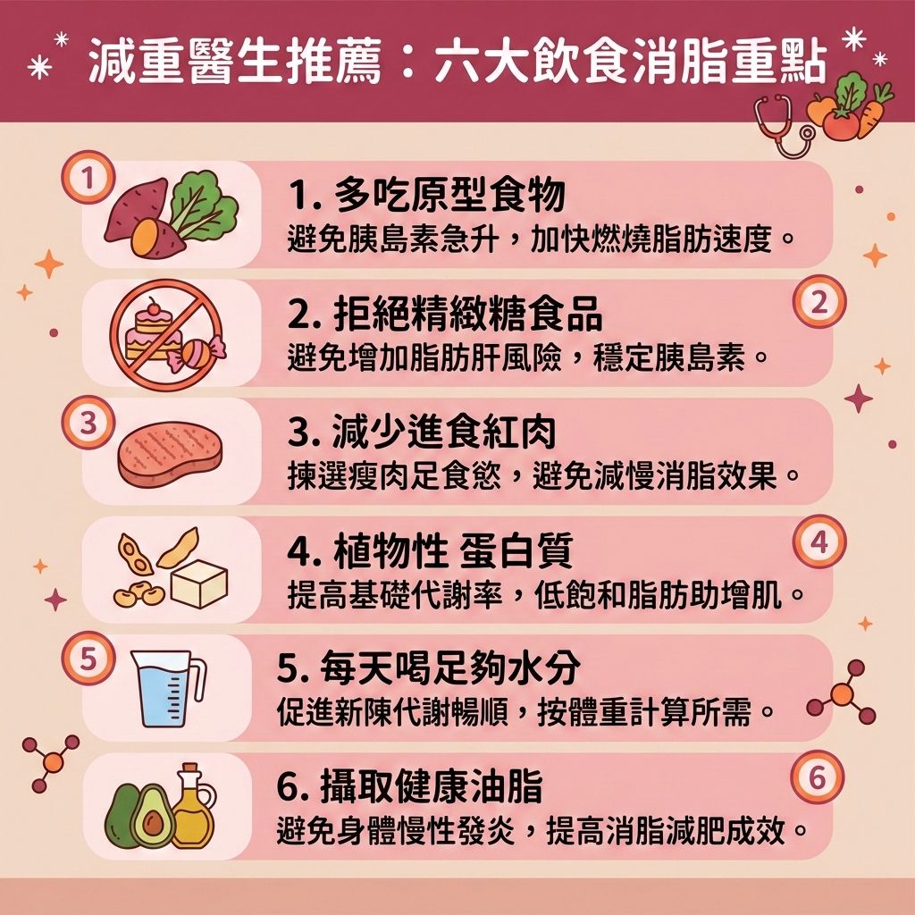 這是一張 1:1 正方形的扁平化向量資訊圖表插畫，嚴格採用台灣健康部落格懶人包風格。圖表以可愛、具教育性與醫美感的方式解析「減重醫生推薦：六大飲食消脂重點」，底部保持純淨留白並應用背景色。

內容探討如何透過健康減重餐單與減脂增肌飲食，有效控制熱量攝取，減少多餘的卡路里與碳水化合物。進食富含蛋白質與膳食纖維的原型食物，搭配新鮮蔬果汁，能幫助促進腸胃蠕動與排毒清腸宿便。這不僅能穩定血糖與胰島素分泌，更能促進脂肪分解，有效減少腹部的皮下脂肪、內臟脂肪以及頑固的脂肪細胞，是極佳的減大肚腩方法與消除腹部贅肉策略。

正確飲食能幫助提升基礎代謝與整體的基礎代謝率，加速新陳代謝，延長燃脂時間並燃燒深層脂肪，完美預防脂肪積聚。結合有效消脂運動（如有氧運動、跑跑步機），能有效增加肌肉量，助您突破減肥停滯期，進一步降低體脂比例與體脂率，控制體重，輕鬆打造易瘦體質。

若追求更完美的體態，結合醫學美容的無創減脂技術與局部減脂療程，透過專業的溶脂科技進行醫美定位修形，能更高效地為您塑造緊緻線條。