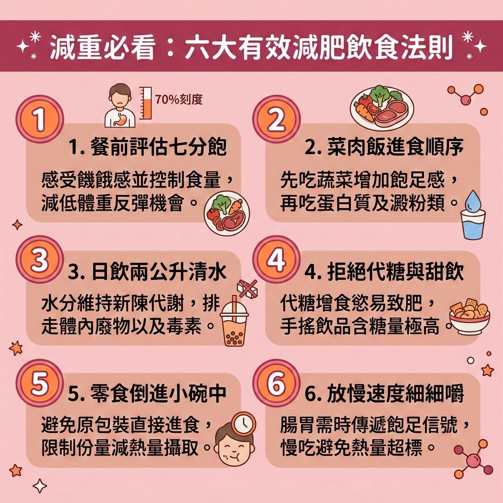 這是一張 1:1 正方形的扁平化向量資訊圖表插畫，嚴格採用台灣健康部落格懶人包風格。圖表以可愛、具教育性與醫美感的方式解析「減重必看：六大有效減肥飲食法則」，底部保持純淨留白並應用背景色。

圖表詳細分析了多種有效減肥方法與健康減重餐單的秘訣。透過調節飲食結構與控制熱量攝取，能有效減少卡路里、內臟脂肪與皮下脂肪。進食富含膳食纖維的蔬菜與天然蔬果汁能促進腸胃蠕動與排毒清腸宿便，並延長飽足時間。搭配優質蛋白質與低碳水化合物的減脂增肌飲食，有助於穩定血糖與胰島素，完美預防脂肪積聚。

這不僅是絕佳的減大肚腩方法與消除腹部贅肉策略，配合生酮飲食或輕斷食更能燃燒深層脂肪。若結合有氧運動（如使用跑步機）、阻力訓練與高強度間歇訓練，可增加肌肉量，全面提升基礎代謝與整體的基礎代謝率，進一步降低體脂比例與體脂率，幫助你突破減肥停滯期，打造易瘦體質。

想要更高效地塑造緊緻線條？專業的醫學美容是最佳選擇！透過無創減脂技術、局部減脂療程與專業溶脂科技，能為您進行精準的醫美定位修形，輕鬆擁有完美體態。