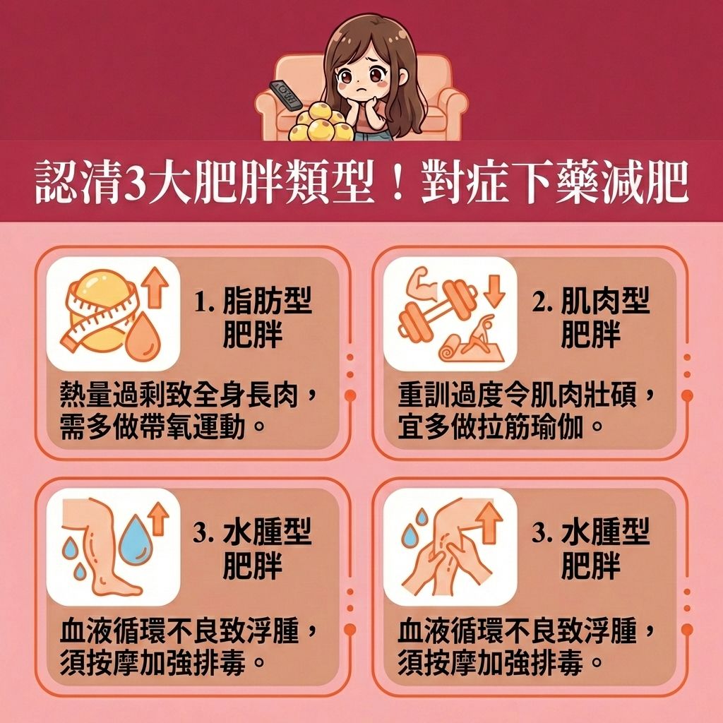這是一張台灣健康部落格風格的 1:1 正方形醫美資訊圖表。圖中的長髮女生站在男生的場景中（表情維持不變），正在了解不同的肥胖類型與減肥療程。針對脂肪型肥胖，多餘的卡路里會轉化為皮下脂肪與內臟脂肪，形成大肚腩。為了減去大肚腩與改善假肚腩，我們需要控制熱量攝取，攝取足量蛋白質，並配合帶氧運動（如規律的帶氧運動），這有助於燃燒體內脂肪、降低體脂率、提升基礎代謝與整體新陳代謝，從而減少脂肪積聚並落實健康體重管理。

針對肌肉型肥胖，需透過伸展來預防肌肉流失並讓肌肉線條更柔和。水腫型肥胖則常受荷爾蒙影響，需要活化淋巴與血液循環，以改善血液循環並疏通淋巴排毒。

若想針對性地消除頑固脂肪（消滅深層脂肪），可考慮醫學美容的局部減脂療程。透過超聲波、射頻或冷凍溶脂等先進的無痛溶脂技術，能精準破壞脂肪細胞。這些療程不僅能進行醫美定位修形，還能刺激膠原增生（促進膠原蛋白生成），有效收緊鬆弛肌膚與塑造緊緻線條。香港完美醫療提供專業的專屬瘦身方案，助您安全打造完美體態！