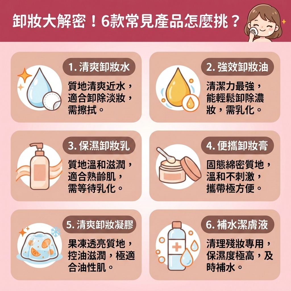 這是一張關於不同卸妝產品的台灣健康部落格風格醫美資訊圖表。圖表詳細解析了日常使用了防曬霜與化妝品後，如何挑選合適的產品來溶解彩妝與溫和卸妝。市面上有卸妝水、卸妝油、卸妝膏及卸妝乳可供選擇，無論是乾性肌膚、油性肌膚還是敏感肌，都需注意乳化過程，以免殘留污垢。

若卸妝不當，污垢會與老廢的角質層混合，進而堵塞毛孔，形成粉刺、黑頭甚至暗瘡。因此，後續必須搭配洗面奶與化妝棉進行徹底清潔與深層清潔，但要避免過度清潔，以保護脆弱的皮脂膜並修復皮膚屏障。正確的清潔能達致洗後不緊繃、保持肌膚水分、舒緩泛紅敏感，並能定期去除老廢角質。

良好的卸妝習慣能控制油脂分泌與調節水油平衡，從而深入毛孔，減少黑頭粉刺並預防暗瘡，不僅能改善粗糙膚質，更能提升後續吸收****護膚品的功效。若肌膚問題嚴重，建議尋求專業醫學美容協助。圖表最後強烈推薦完美醫療的專業暗瘡分手療程，助您徹底解決肌膚煩惱！