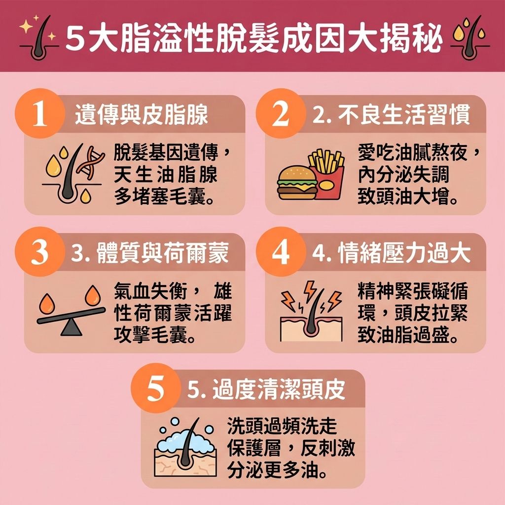 這是一張 1:1 正方形的可愛扁平化向量資訊圖表插畫，以台灣健康部落格風格，詳解【脂溢性脫髮】的五大成因。圖表指出，當【皮脂腺】的【頭皮油脂分泌】過盛，會破壞【頭皮】的【角質層】，引發【馬拉色菌】等【真菌】滋生，導致【頭皮屑】增多與【毛囊炎】，這是明顯的【脫髮早期先兆】。

若不及時【解決毛孔堵塞】與【深層清潔毛囊】，會引發【頭皮敏感痕癢】與嚴重【脫髮】。加上體內【睪酮】等【荷爾蒙】異常轉化為【雙氫睪酮】，會無情攻擊【毛囊】，誘發【雄性禿】。

為了落實【預防脫髮方法】與【脂溢性脫髮治療】，圖表建議應【平衡油脂分泌】並做好【日常頭皮護理】，透過【溫和清潔頭皮】來【舒緩頭皮紅腫】並【減少頭皮屑】，有效【抑制真菌感染】並【改善頭皮環境】。

治療與保養方面，除了攝取充足【蛋白質】，醫學上可使用含【米諾地爾】的【生髮水】，或口服【非那斯特萊】來【抑制男性荷爾蒙】。嚴重發炎時醫生可能會處方【類固醇】藥膏。這些專業對策能幫助【強健脆弱髮根】、【刺激毛囊再生】、【減少掉髮數量】並【改善頭頂稀疏】。若情況無法逆轉，建議尋求【專業生髮療程】或【植髮】手術來徹底解決危機！