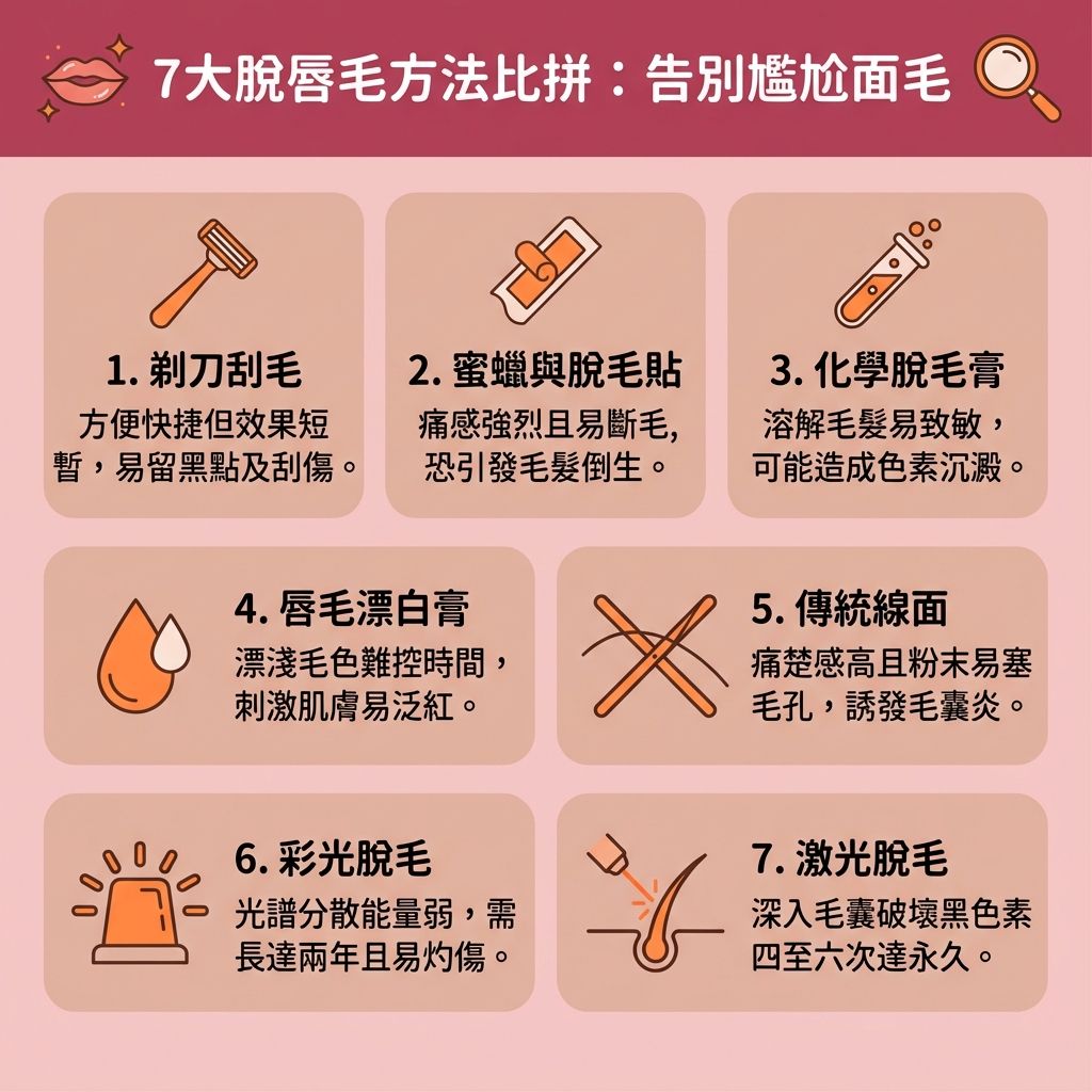 這是一張台灣健康部落格風格的 1:1 正方形資訊圖表，深入分析各種去除唇毛方法與面部脫毛推薦。探討女生長鬍鬚原因，常與體內荷爾蒙（如雄性激素過盛或雌激素失衡）有關，導致嘴唇周邊長出濃密面毛與唇毛（汗毛）。

圖表破解了唇毛越剃越粗的迷思，指出使用剃刀、鑷子或安全脫毛工具不當，會破壞皮膚表層的角質。若依賴化學脫毛膏或漂白劑，可能引發唇毛漂白副作用與敏感肌過敏，造成炎症。而蜜蠟脫毛痛楚強烈，搭配蜜蠟容易拉扯毛孔，引發拔唇毛後遺症，必須謹慎解決毛囊發炎並避免毛孔粗大。

為了改善唇邊暗沉與減少色素沉澱，尋找脫面毛邊間好是關鍵。專業的激光脫唇毛與無痛激光脫毛，利用激光穿透皮層，直接破壞毛囊底部的黑色素。療程後搭配適當的脫毛後護理，能舒緩脫毛紅腫並修復受損屏障，同時結合改善荷爾蒙失調的調理，輕鬆達到理想的永久脫毛效果。