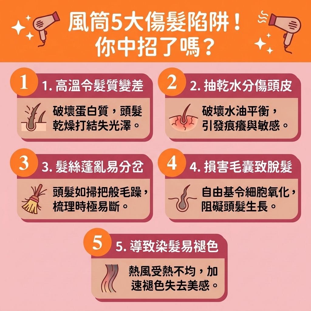 這是一張 1:1 正方形的可愛扁平化向量醫美資訊圖表，教導大眾【正確吹頭方法】與【日常頭髮護理】。圖表警告，若未能好好【控制吹頭溫度】，【風筒】內部的【摩打】與【發熱線】產生的過高【溫度】與【熱力】，會嚴重傷害【頭髮】。高溫的【風速】會破壞髮絲的【蛋白質】與【角質層】，導致【毛鱗片】受損，令【頭髮脆弱易斷】，無法【保護毛鱗片】與【防止頭髮乾枯】。這不僅會【熱風傷害髮絲】，更會【改善髮質變差】（導致髮質變差），無法維持【順滑光澤秀髮】。

為【鎖住頭髮水分】並【減少頭髮毛躁】，建議使用具備【恆溫護髮功能】或釋放【負離子】的產品（如【負離子風筒推薦】），以【減少靜電摩擦】與【靜電】。在【快速吹乾頭髮】時，切記要【避免燙傷頭皮】，因為過熱會抽乾【頭皮】與【髮根】的【水分】，刺激【皮脂腺】異常分泌，引發【頭皮保濕護理】危機與發炎，甚至損害【毛囊】造成嚴重的【脫髮】。

我們必須【舒緩頭皮敏感】，適時【吹乾頭皮防菌】並善用【冷熱風交替】（切換【冷風】與【恆溫】模式），才能徹底遠離高溫傷害！