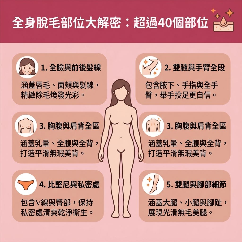 這是一張台灣健康部落格風格的 1:1 正方形資訊圖表，詳細解說全身脫毛的涵蓋部位與全身激光脫毛的優勢。許多人常因使用剃刀、蜜蠟或化學脫毛膏不當，引發難以忍受的蜜蠟脫毛痛楚與拔毛後遺症，甚至導致皮膚受損、毛囊與毛孔發炎（需解決毛囊發炎及對付炎症），並造成黑色素積聚。

圖表強烈建議尋求專業醫生與專業脫毛中心，了解激光脫毛原理與合理的脫毛價錢收費。透過無痛脫毛推薦的激光技術，能有效改善毛髮倒生、避免皮膚灼傷並達到夢寐以求的永久脫毛效果。

圖中詳細列出脫毛部位：從臉部的面毛、唇毛（需留意面部脫毛注意），到腋下（可搭配腋下美白方法）、手臂、小腿，再到嬌嫩的私密處與比堅尼位（需高度重視私密處脫毛保養）。只要把握適合脫毛季節，做好脫毛前後護理，定期進行溫和去角質清理老廢角質，就能有效減少色素沉澱、舒緩脫毛紅腫，徹底清除多餘毛髮。同時，務必依循指示完成足夠的脫毛療程次數，便能還原無瑕白滑肌膚。