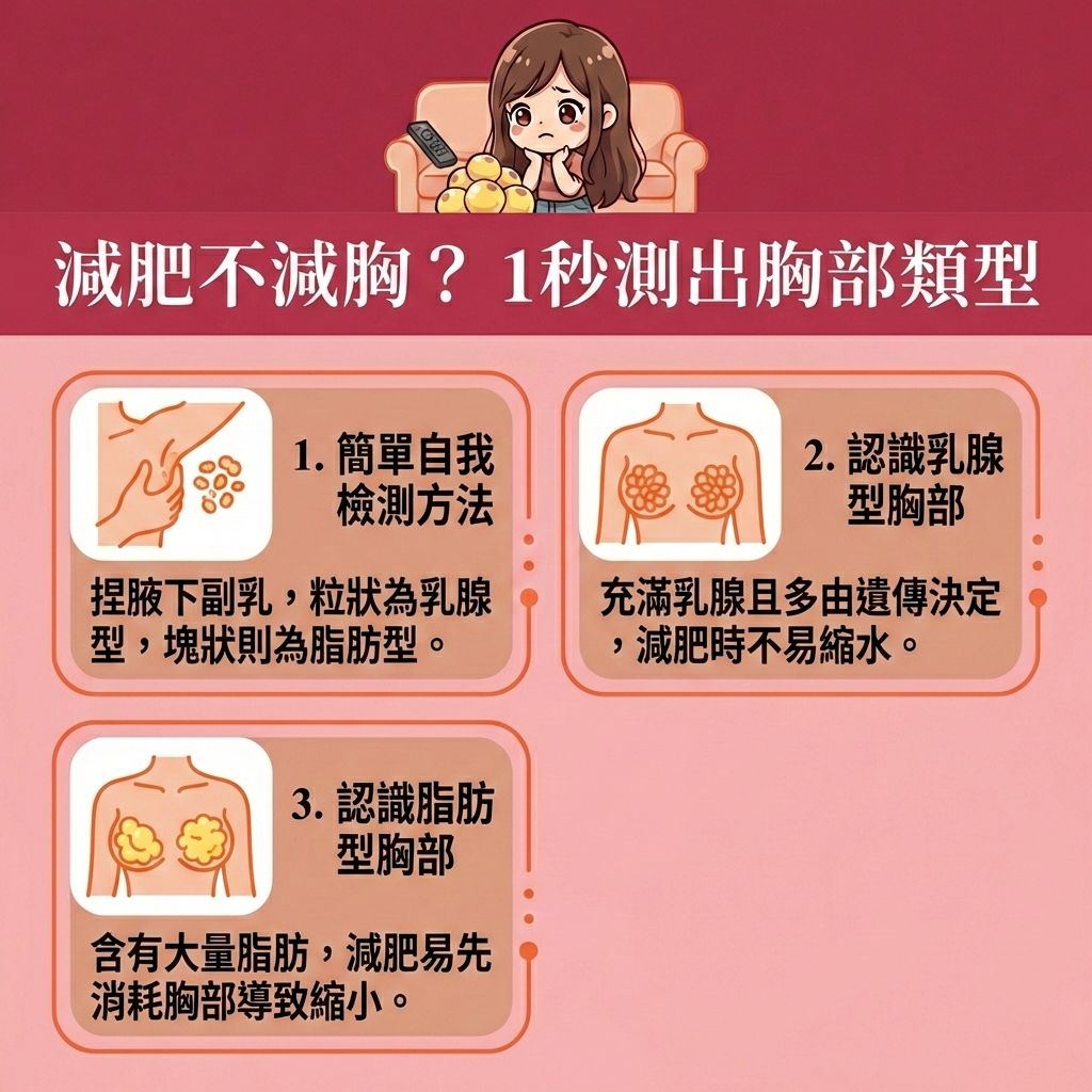 這是一張台灣健康部落格風格的正方形醫美資訊圖表。圖中的長髮女生正在測試胸部類型。想要預防胸部下垂與防止胸部縮水，以維持豐滿罩杯，必須了解自己的胸部是乳腺型還是脂肪型（即充滿皮下脂肪）。在精算卡路里與控制熱量攝取時，要多喝豆漿、吃木瓜，並補充優質蛋白（如蛋白質），以刺激荷爾蒙分泌（平衡雌激素與荷爾蒙）。

為緊緻胸部線條，可進行阻力訓練來鍛鍊胸部肌肉（針對胸大肌與整體肌肉），並增加肌肉比例與提升基礎代謝。同時要配合擴胸運動及規律的帶氧運動，以燃燒全身脂肪。此外，透過針對特定穴位來進行豐胸按摩，能促進血液循環（加強血液循環）與活化淋巴以疏通淋巴排毒。

若想更有效率，可考慮醫學美容的局部減脂療程。透過先進的無痛溶脂技術與溶脂儀器，能精準擊退贅肉並刺激膠原增生（補充膠原蛋白）。香港完美醫療提供專業的醫美定位修形與專屬瘦身方案，