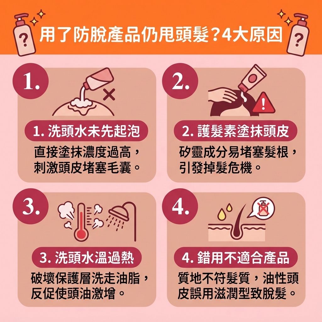 這是一張 1:1 正方形的可愛扁平化向量資訊圖表，採用台灣健康部落格風格，詳解為何用了【防脫髮產品】仍有嚴重的【脫髮】危機。圖表指出，若【選擇防脫髮產品】不當，或錯誤使用【防脫髮洗頭水推薦】的【洗頭水】及【育髮精華】，會導致【皮脂腺】異常，無法【控制頭皮油脂】，進而嚴重堵塞【頭皮】與【毛囊】。

要【預防髮線後移】及【解決前額脫髮】，必須正確進行【頭皮深層清潔】，【調理頭皮環境】並【舒緩頭皮敏感】。圖中建議，洗頭水溫不宜過熱，以免破壞保護層。若因【荷爾蒙】轉化為【雙氫睪酮】引發【雄性禿】，單靠洗頭水是無法【抑制男性荷爾蒙】的。此時需【促進頭皮血液循環】（維持良好【血液循環】），並攝取【蛋白質】以【補充頭髮營養】，藉此【強健脆弱髮根】與【延緩毛囊萎縮】。

若想進一步【改善頭髮稀疏】並【增加頭髮密度】，可考慮含有【咖啡因】、【鋸棕櫚】、含藥性【米諾地爾】的【生髮水】，或口服【非那斯特萊】。這些成分能【刺激毛囊再生】、【激活休眠毛囊】並【延長頭髮生長期】，有效【減少掉髮數量】。若情況無改善，圖表強烈建議諮詢【醫生】，尋求【專業生髮療程】或【生髮療程】的協助，甚至考慮【植髮】手術，