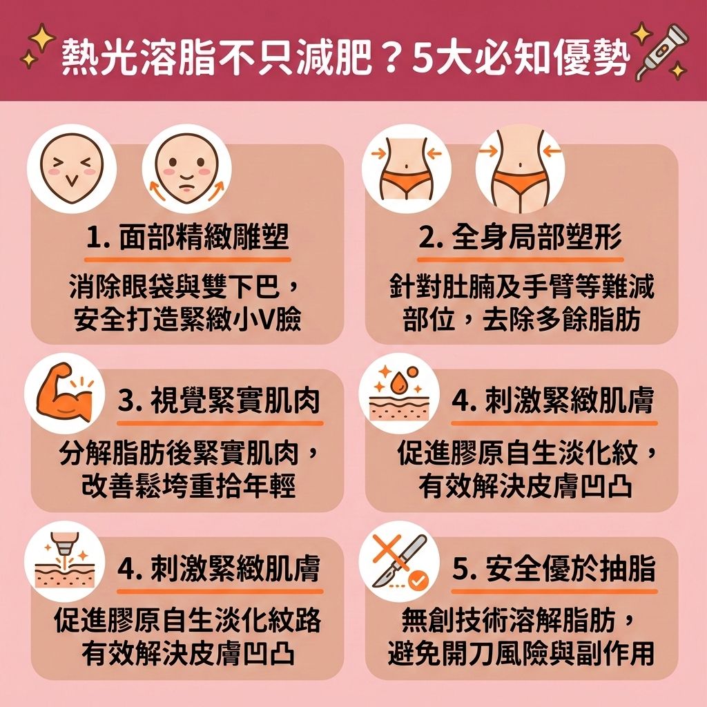 這是一張台灣健康部落格風格的 1:1 正方形教育性資訊圖表。圖中生動展示了醫學美容領域中備受推崇的熱光溶脂技術。相比傳統抽脂，這是一種安全的非手術減肥與無創溶脂技術，過程隨做隨走且恢復期短，是追求安全無痛減肥的最佳選擇。

圖表解析了其原理：透過高科技探頭釋放射頻、超聲波或激光能量，深入真皮層與皮下脂肪，精準地破壞脂肪細胞。針對雙下巴、肚腩、手臂與大腿進行醫美定位修形與局部減脂療程，能有效燃燒體內脂肪、消除頑固贅肉，從而降低體脂率並減少脂肪積聚。

同時，熱能會活化淋巴系統，促進血液循環以疏通淋巴排毒與排出體外毒素，幫助改善下半身水腫（消除水腫），並提升新陳代謝。這不僅有助於突破減肥停滯期，更能刺激膠原增生（補充膠原蛋白），達到收緊鬆弛肌膚與塑造緊緻線條的效果，讓肌肉不再鬆垮。香港完美醫療為您提供這項專屬瘦身方案，輕鬆處理深層的脂肪細胞，讓您健康變美！