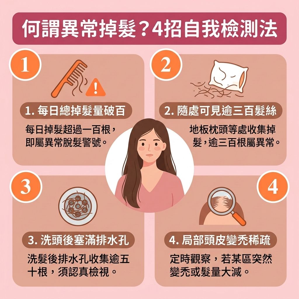 這是一張 1:1 正方形的可愛扁平化向量插畫，教導大眾如何【解決異常掉髮】。圖表指出【女性掉髮成因】或男性【脫髮】，常與【遺傳】、【壓力】或【荷爾蒙】（如【雌激素】下降）有關。若體內【雙氫睪酮】過高，會過度刺激【皮脂腺】，使【毛囊】提早結束【生長期】進入【休止期】，進而引發【雄性禿】與【斑禿】。

若因【腎虛】或【氣血】不足，會損害【頭皮】的【角質層】與【毛鱗片】。為落實【預防脫髮方法】並【改善頭皮環境】，應【控制頭皮油脂分泌】，並透過按摩【舒緩頭皮壓力】與【促進頭皮血液循環】。飲食需攝取【蛋白質】與【鐵質】以【補充頭皮營養】，幫助【調理肝腎氣血】，進而【強健脆弱髮根】與【修復受損髮絲】。

若發現大量掉髮，可及早使用【生髮水】，或尋求【專業生髮療程】協助。這些對策能【激活休眠毛囊】、【刺激毛囊再生】並【延緩毛囊萎縮】，有助【延長頭髮生長週期】。這能有效【改善髮線後移】、【減少掉髮數量】、【改善頭髮稀疏】並大幅【增加頭髮密度】！