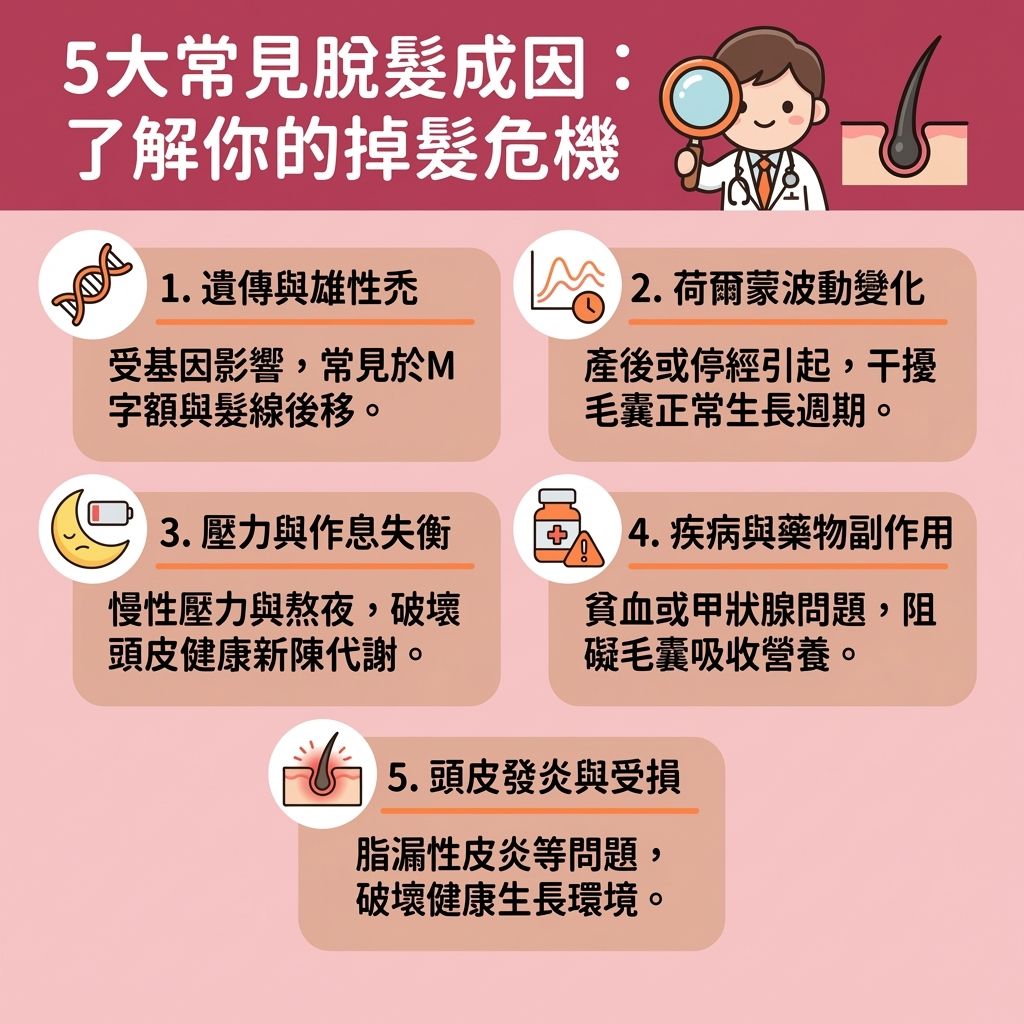 這是一張台灣健康部落格風格的 1:1 正方形資訊圖表，詳細解析5大脫髮成因，並探討如何透過抗衰老生髮保健品來解決脫髮問題。圖表指出，基因遺傳造成的雄性禿需要專業的雄性禿脫髮治療；而面對炎症引發的頭皮問題，必須抑制頭皮發炎。為了對抗衰老，近年醫學界發現煙醯胺單核苷酸具有卓越的煙醯胺單核苷酸生髮效果。透過提升諾加因子水平，能為身體補充諾加因子，直接作用於深層細胞的線粒體，從而促進細胞新陳代謝與全身新陳代謝。

這種機制能有效逆轉頭皮衰老，並透過改善頭皮血液循環（促進血液循環），將珍貴的營養素、蛋白質與抗氧化劑送達底層。這不僅能激活毛囊細胞、喚醒休止期毛囊，還能修復受損毛囊（保護脆弱的毛囊）。在專業醫生的建議下，這種方法能促進生長因子分泌，並刺激膠原蛋白增生，保護構成髮絲的角蛋白與黑色素。最終達到延長毛髮生長期、改善頭髮稀疏、增加頭髮密度、減少掉髮數量、強化髮根健康、預防髮線後移以及改善白髮問題的全方位護理效果。