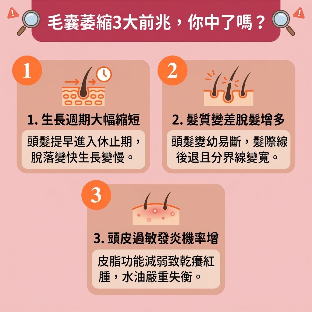 這是一張 1:1 正方形的可愛扁平化醫美資訊圖表，教導大家【預防脫髮方法】與【檢測毛囊健康】。圖中指出，當【遺傳】或【荷爾蒙】失調導致體內【雙氫睪酮】過高時，容易引發【雄性禿】。這會刺激【皮脂腺】分泌過多【油脂】，嚴重堵塞【毛孔】。

若缺乏【營養】、【蛋白質】與【角蛋白】，【微絲血管】與【毛乳頭】無法提供養分，【毛囊】會提早從【生長期】進入【休止期】。這不僅會造成【頭皮】乾癢紅腫，更會引發嚴重【脫髮】。

為了【解決異常掉髮】與【改善髮線後移】，我們必須及早【修復受損毛囊】並【控制頭皮出油】以【改善頭皮環境】。日常可使用【生髮水】配合【深層清潔毛孔】，做好【調理頭皮健康】。若要【治療雄性禿】，建議尋求【專業生髮療程】或【激光】療程。

這些對策能有效【促進血液循環】與維持良好的【血液循環】。這不僅能【補充毛囊營養】、【強健脆弱髮根】，更能【激活休眠毛囊】及【延緩毛囊萎縮】。最終成功【刺激毛囊再生】、【延長生長週期】，大幅【增加頭髮密度】與【改善頭髮稀疏】！