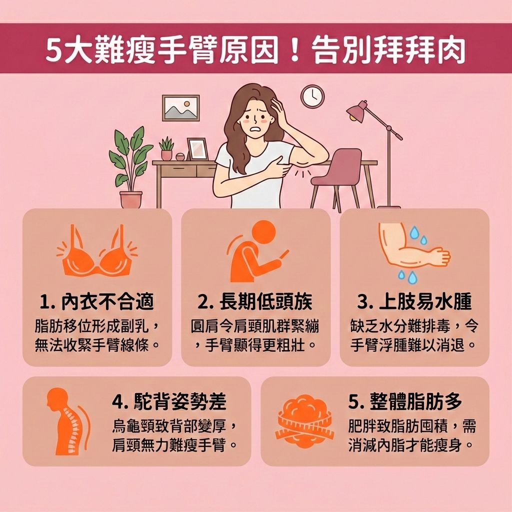 這是一張台灣健康部落格風格的 1:1 醫美資訊圖表。圖中的長髮女生正苦惱著手臂的拜拜肉。要成功減手臂脂肪與消除拜拜肉，必須了解成因。長期低頭與駝背需要糾正不良姿勢，以舒緩肩頸痠痛及改善背部厚度，讓鎖骨與肩膀重現。若因水腫困擾，需疏通淋巴排毒（活化淋巴）來改善上肢水腫。

日常飲食要攝取足夠蛋白質，精算卡路里以控制熱量攝取。運動方面，可舉啞鈴進行伸展運動來鍛鍊三頭肌與二頭肌，並配合帶氧運動（多做帶氧運動），這有助於促進血液循環（加強血液循環）、提升基礎代謝與整體新陳代謝。如此能增加肌肉比例、預防肌肉流失（維持肌肉），進而燃燒體內脂肪（消滅脂肪），達到收緊手臂線條與塑造緊緻線條的效果。

若想針對性處理，可考慮醫學美容的局部減脂療程。香港完美醫療提供專業的醫美定位修形，無論是無痛溶脂技術、溶脂針或抽脂，都能助您安全有效地重獲纖幼雙臂！