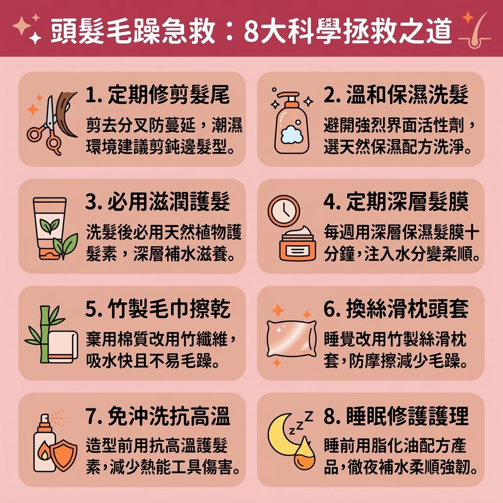 這是一張 1:1 正方形的可愛醫美資訊圖表，教導大家【日常頭髮護理】與【居家護髮療程】。圖中解析，當【髮絲】與【髮尾】受到【紫外線】與【風筒】的【熱力】傷害時，會產生【靜電】，破壞【角質層】與【毛鱗片】，流失珍貴的【水分】、【蛋白質】、【氨基酸】與【角蛋白】。

要【修復受損髮絲】、【解決頭髮開叉】及【改善頭髮乾燥】，我們必須【減少靜電摩擦】並學習【吹頭正確方法】（例如使用帶有【負離子】的工具及合適的【梳子】）。洗頭時，使用溫和的【洗頭水】清潔【頭皮】與深層【毛囊】，接著配合【護髮素】與【髮膜】進行【鎖水保濕護理】與【深層滋潤頭髮】。

日常可塗抹【護髮油】，以【補充頭髮營養】及【隔離熱力傷害】。這些【染燙後續保養】步驟能幫助【閉合毛鱗片】、【減少頭髮打結】，進而【防止頭髮斷裂】與【改善髮質粗糙】。最終能【提升髮絲彈性】、【撫平頭髮毛躁】並大幅【增加頭髮光澤】，讓您重擁【順滑光澤秀髮】！