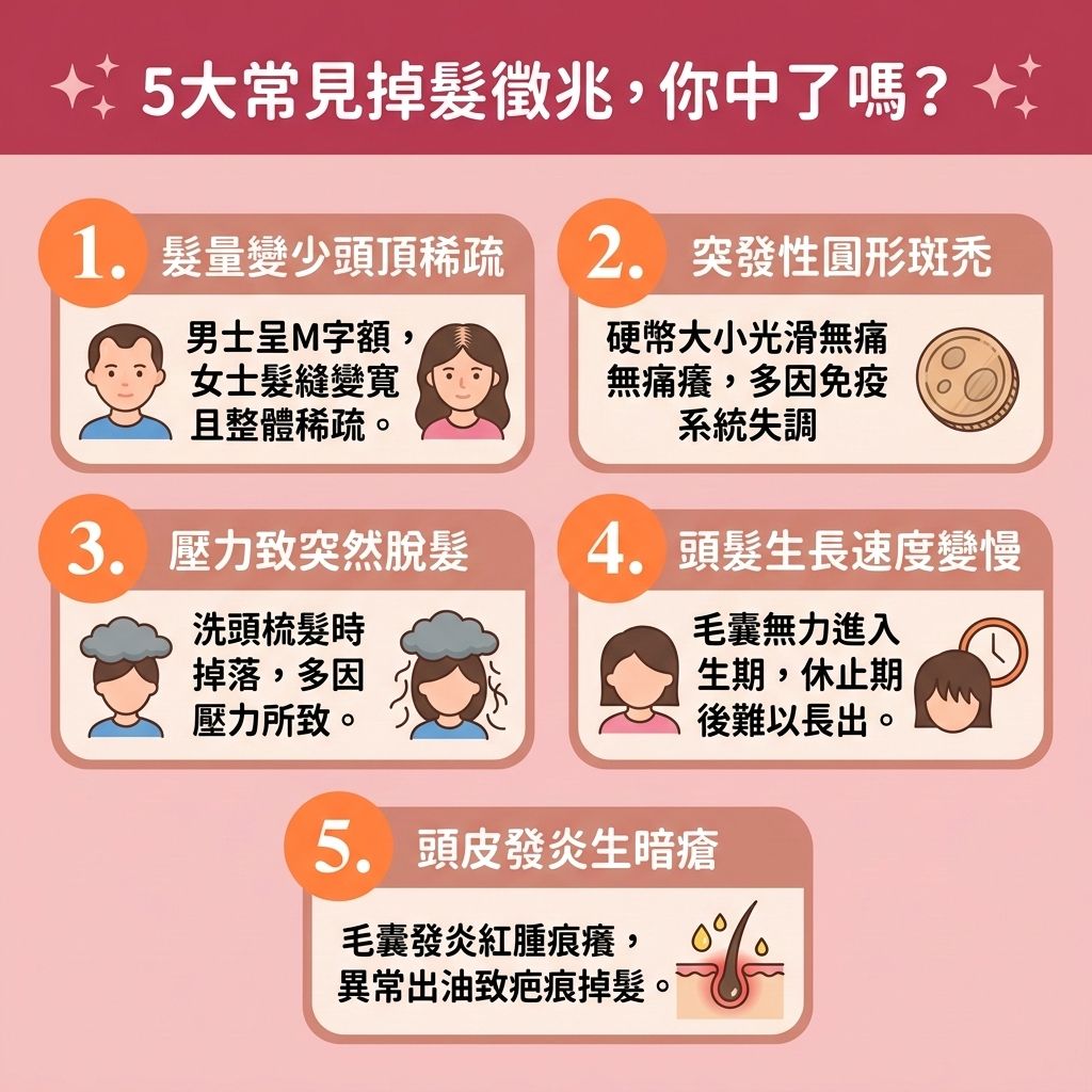 這是一張醫美衛教插畫，解析【女性掉髮成因】與常見掉髮徵兆。圖中展示，當【頭皮】受到【壓力】或【遺傳】影響，【荷爾蒙】失調（如【雌激素】下降或【雙氫睪酮】過高）會引發【雄性禿】與【斑禿】，並刺激【皮脂腺】引發毛囊炎。這會縮短【生長期】，讓頭髮提早進入【休止期】，引發【脫髮】。

為【解決異常掉髮】與【改善髮線後移】，必須【舒緩頭皮壓力】、【控制頭皮油脂分泌】以【改善頭皮環境】。中醫建議【調理肝腎氣血】改善【氣血】不足與【腎虛】，並【促進頭皮血液循環】。飲食應補充【蛋白質】與【鐵質】，幫助【補充頭皮營養】，以【修復受損髮絲】的【毛鱗片】與【角質層】。

及早尋求【專業生髮療程】或使用【生髮水】，能有效【強健脆弱髮根】、【延緩毛囊萎縮】並【激活休眠毛囊】。這些【預防脫髮方法】能【刺激毛囊再生】、【減少掉髮數量】、【改善頭髮稀疏】，最終【延長頭髮生長週期】並大幅【增加頭髮密度】，保護【毛囊】健康！