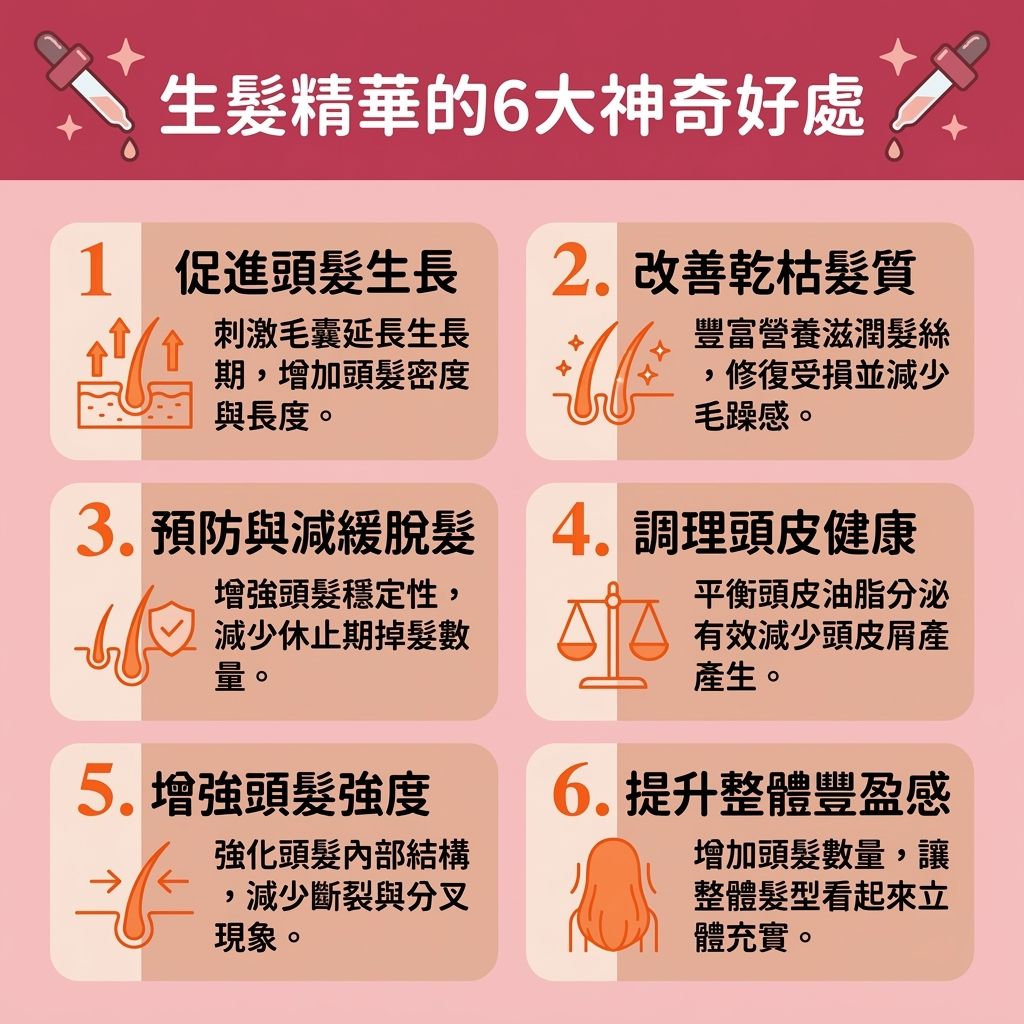 這是一張 1:1 扁平化醫美資訊圖表，介紹【生髮精華】的神奇好處。圖中展示，【遺傳】或【荷爾蒙】失調容易引發【雄性禿】。加上【紫外線】傷害，會破壞【頭皮】的【角質層】，流失【水分】與【蛋白質】。若【皮脂腺】分泌過多【油脂】堵塞【毛孔】，將阻礙【血液循環】，最終導致嚴重的【脫髮】。

為【解決異常掉髮】與【治療遺傳性脫髮】，我們必須【調理頭皮健康】及【改善頭皮環境】。除了使用溫和的【洗頭水】來【深層清潔毛孔】與【控制油脂分泌】，還要【隔離紫外線傷害】。搭配精華液並【按摩頭皮穴位】，能活絡【微絲血管】，為【毛囊】與【髮根】提供充足【營養】，達到【補充毛囊營養】的效果。

精華成分能【舒緩頭皮敏感】並【修復受損頭皮】，進一步【激活休眠毛囊】與【刺激毛囊再生】。這不僅能保護【髮絲】、【強健脆弱髮根】，更能【延緩毛囊萎縮】。最終成功【延長生長週期】、【預防脫髮問題】，有效【促進頭髮生長】、【改善頭髮稀疏】，大幅【增加頭髮密度】，讓秀髮重拾豐盈活力！