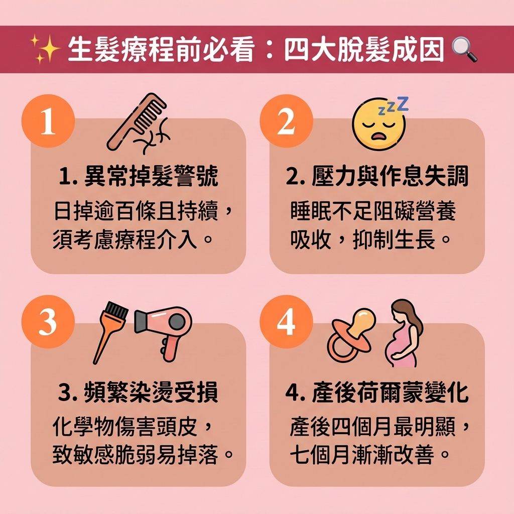 這是一張 1:1 正方形的可愛扁平化向量資訊圖表插畫，採用台灣健康部落格風格，深入解析【女性脫髮原因】與【男性脫髮危機】。圖表指出當【荷爾蒙】失調，體內的【雙氫睪酮】會攻擊脆弱的【毛囊】，引發【遺傳性脫髮】、【脂溢性脫髮】及【雄性禿】，導致嚴重的【脫髮】危機。

為達到【減少掉髮】及【改善頭髮稀疏】的目標，必須採取正確的【預防脫髮方法】。首要是注重【日常頭皮護理】，透過【頭皮深層清潔】來【解決毛孔堵塞】，維護【頭皮】、【皮脂腺】與【角質層】的健康，並【舒緩頭皮敏感】，從而全面【改善頭皮環境】。

圖中建議飲食上要【補充頭髮營養】，多攝取【蛋白質】、【鐵質】、【膠原蛋白】等【營養素】，以促進全身與頭皮的【血液循環】，幫助【強健髮根】。針對嚴重掉髮情況，圖表建議必須【抑制荷爾蒙】，並及早尋求【專業生髮療程】或合適的【生髮療程】。例如使用含【米諾地爾】或【非那斯特萊】的【生髮水】，配合【幹細胞】技術、【激光】或專屬的【激光防脫髮】儀器，能有效【激活休眠毛囊】、【延長生長週期】並【促進頭髮生長】。若毛囊已完全壞死，則可考慮進行【植髮】手術，全方位解決三千煩惱絲。