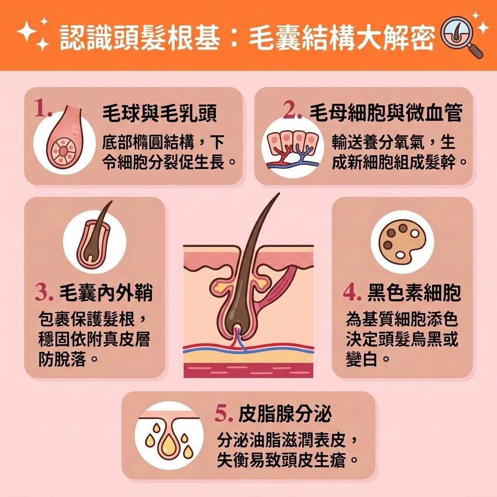 這是一張 1:1 正方形的可愛扁平化向量資訊圖表，以台灣健康部落格風格圖解頭髮的生長階段。圖表詳細描述了健康的【毛囊】與【頭皮】如何經歷【生長期】、【退化期】、【休止期】與最終的【脫落期】。若【荷爾蒙】失調、缺乏【雌激素】或【新陳代謝】變慢，加上體內【雙氫睪酮】過度刺激【皮脂腺】，會引發嚴重的【雄性禿】與異常【脫髮】，甚至影響毛髮的【黑色素】。

為了落實【預防脫髮方法】與【調理頭皮健康】，我們必須做好【頭皮深層清潔】以【改善頭皮環境】。日常應維持良好的【血液循環】來【促進頭皮血液循環】，多攝取【蛋白質】、【維他命】、【鐵質】與【鋅質】，幫助合成【角蛋白】，以【補充頭髮營養】。這能有效【滋養脆弱髮絲】與【強健脆弱髮根】，從而【延緩毛囊萎縮】。

若要【解決前額脫髮】與【改善髮線後移】，除了使用外用產品來【抑制男性荷爾蒙】，更應考慮【專業生髮療程】。這些專業對策能【激活休眠毛囊】、【刺激毛囊再生】並【延長生長週期】，達到【促進頭髮生長】、【減少掉髮數量】、【改善頭髮稀疏】與【增加頭髮密度】的終極目標！
