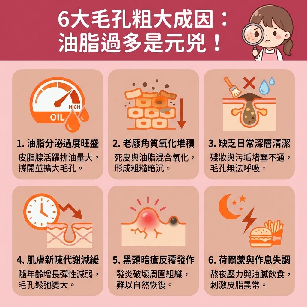 這是一張台灣健康部落格風格的正方形資訊圖表,詳細解說6種導致毛孔粗大的原因。圖中可愛的女孩正為臉上問題煩惱。當皮脂腺過度活躍,加上老化導致膠原蛋白與彈性纖維流失,會讓毛孔失去支撐。若未深層清潔皮膚與溫和潔淨肌膚,過厚的角質層會與油脂結合,形成黑頭與粉刺,甚至惡化成暗瘡並留下難看的凹凸洞。
日常保養要挑選合適的護膚品,例如含果酸或水楊酸的產品,能去除老廢角質、溶解堆積油脂並疏通堵塞毛孔,有助於控制油脂分泌與調節水油平衡。做好保濕(如使用玻尿酸)能修復受損組織並保護皮膚屏障,進而減少黑頭粉刺、改善粗糙膚質及提亮暗沉膚色。
若要預防毛孔擴張與促進細胞代謝,可尋求專業皮膚科醫生或醫學美容協助。圖表推薦透過激光、皮秒或射頻等激光煥膚療程,能有效刺激膠原增生、提升肌膚彈性,達到收細粗大毛孔、緊緻鬆弛肌膚及撫平凹凸坑洞的功效。最後也推薦「暗瘡分手療程」來協助大家徹底解決肌膚煩惱!