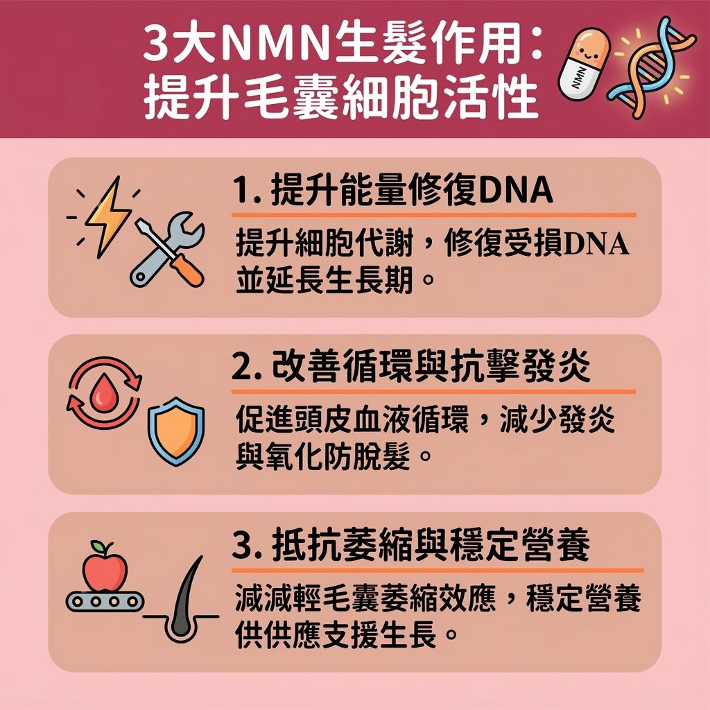 這是一張台灣健康部落格風格的 1:1 正方形扁平化資訊圖表，詳細描述了優質的抗衰老生髮保健品成分——煙醯胺單核苷酸（NMN）的煙醯胺單核苷酸生髮效果。圖表解析了它如何透過進入細胞內的線粒體，提升諾加因子水平（增加諾加因子），從而促進細胞新陳代謝（加速新陳代謝）與修復受損基因。這能有效逆轉頭皮衰老、對抗衰老，並激活毛囊細胞與修復受損毛囊。

對於面對脫髮、雄性禿的人士，在尋求雄性禿脫髮治療或解決脫髮問題時，NMN是極佳的輔助。它能改善頭皮血液循環（促進頭皮的血液循環），將蛋白質、角蛋白、生長因子與各類營養素穩定輸送至毛囊，發揮強大的抗氧化劑與抗炎症功效，有效抑制頭皮發炎。

這不僅能喚醒休止期毛囊、延長毛髮生長期，還能刺激膠原蛋白增生並保護黑色素，順帶改善白髮問題。透過專業醫生的建議，正確補充能幫助強化髮根健康、預防髮線後移、改善頭髮稀疏、減少掉髮數量，最終成功增加頭髮密度。