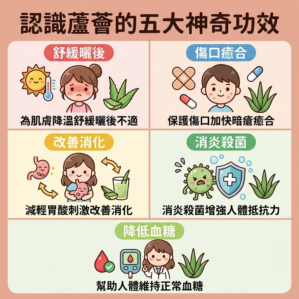 這是一張正方形的扁平化向量醫美資訊圖表，背景採用溫暖色調，詳細介紹天然成分——蘆薈的五大功效。 圖表中展示了皮膚的角質層與真皮層，說明當皮脂腺分泌過盛，容易形成粉刺，甚至引發受痤瘡桿菌感染的暗瘡與石頭瘡。

圖示強調蘆薈凝膠富含維他命、氨基酸與酵素，具有強大的抗氧化與消炎殺菌能力。將其塗抹於患處能舒緩紅腫、減輕痛楚及鎮靜肌膚，有效抑制油脂達致水油平衡。針對敏感肌，它不僅能作為曬後修復來補水保濕及修復屏障，還能軟化角質、減少摩擦、促進癒合，幫助預防暗瘡印和凹凸洞，並淡化色素。

圖表底部建議，除了使用含有蘆薈、水楊酸或茶樹油的產品進行深層清潔與收細毛孔外，若想預防復發及刺激增生（補充膠原蛋白），可考慮完美醫療的暗瘡分手療程，享受溫和無痛的專業護理。