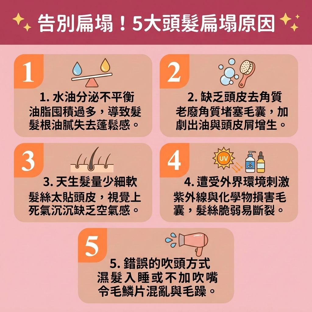 這是一張 1:1 正方形的可愛扁平化向量醫美資訊圖表，教導大家如何【解決頭髮扁塌】並【增加頭髮蓬鬆度】。

圖表指出，若【荷爾蒙】失調會刺激【皮脂腺】，分泌過多【頭油】。若缺乏【日常頭皮護理】與【深層清潔頭皮】，變厚的【角質層】會導致無法【控制頭皮出油】與【控制油脂分泌】。這不僅破壞【頭皮】與【毛囊】，更可能引發【脫髮】。為【改善頭皮環境】與【改善頭髮稀疏】，我們需【溫和清潔頭皮】，配合【正確洗頭方法】與合適的【防脫髮洗頭水】。洗後務必【吹乾頭皮防菌】，使用【風筒】時注意【熱力】，以免損害【髮絲】的【毛鱗片】，流失珍貴的【蛋白質】與【氨基酸】。

建議日常塗抹【護髮素】與【護髮油】，以【撫平毛鱗片】、【修復受損髮絲】及【減少頭髮毛躁】。經常使用【梳子】梳理，能【減少靜電摩擦】與【靜電】，並維持良好的【血液循環】來【促進頭皮血液循環】。這些步驟能有效【強健脆弱髮根】、【增加頭髮密度】，保護脆弱的【髮根】，讓您輕鬆擁有充滿空氣感與【順滑光澤秀髮】！