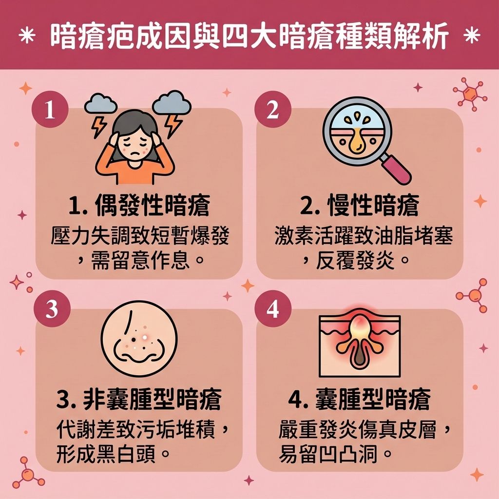 這是一張 1:1 正方形的扁平化向量資訊圖表插畫，採用台灣健康部落格風格，具備教育性與醫美專業感。圖表頂部帶有標題，詳細解析四大【暗瘡】種類及成因。當【皮脂腺】分泌旺盛，【角質層】過厚且堵塞時，會引發嚴重的【發炎反應】。若發炎傷及深層的【真皮層】，癒合後便會形成【疤痕組織】，最終導致難以消退的【暗瘡印】與【凹凸洞】。

圖表同時提供了有效的【去暗瘡印方法】與【醫美去印推介】。要做到徹底的【暗瘡疤痕修復】與【修復受損肌膚】，單靠期待【暗瘡印自然消退】，或僅塗抹含【維他命C】、【透明質酸】的【暗瘡膏】等【去印護膚品推介】往往不足夠。日常保養可透過【果酸】、【水楊酸】與【杏仁酸】來【消炎殺菌】、【去除老廢角質】，並【深層清潔毛孔】，幫助【加速新陳代謝】與【預防暗瘡粉刺】。

針對頑固疤痕，建議結合【醫學美容】技術。透過【激光】與專屬的【激光去印療程】，能有效打散【黑色素】，達到【淡化黑色素】與【改善色素沉澱】的效果。此外，利用【微針】與【射頻】療程，能有效【刺激細胞更新】，【促進膠原蛋白增生】並補充底層【膠原蛋白】。這是極佳的【凹凸洞治療】方案，能顯著【撫平面部疤痕】、【改善皮膚粗糙】並【收細毛孔】，讓肌膚重拾平滑健康！