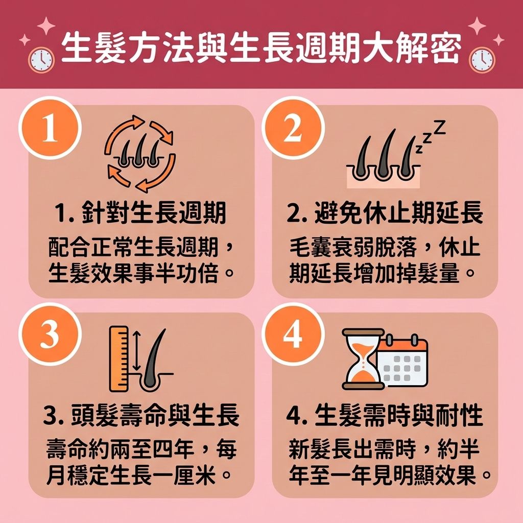 這是一張 1:1 正方形的可愛扁平化向量資訊圖表插畫，採用台灣健康部落格風格。圖表詳細解釋【生髮方法】與頭髮生長週期的關係，深入探討【女性脫髮原因】與【男性脫髮危機】。

Shutterstock

當【荷爾蒙】失調，體內【睪酮】轉化為【雙氫睪酮】會攻擊脆弱的【毛囊】，導致嚴重的【雄性禿】與【脫髮】。要【預防脫髮方法】並【減少掉髮】，必須做好【日常頭皮護理】，包括【溫和清潔頭皮】以維持【頭皮油脂分泌】平衡，避免【皮脂腺】異常並【解決毛孔堵塞】。適當的【頭皮保濕護理】與【舒緩頭皮敏感】，能保護【頭皮】與【角質層】健康。

圖中建議多攝取【生髮食物推薦】中的【蛋白質】、【鐵質】、【維他命】、【胺基酸】及【膠原蛋白】，以【補充頭髮營養】，配合含有【咖啡因】的產品能有效【改善頭皮血液循環】（促進整體【血液循環】），從而【強健髮根】並【促進頭髮生長】。

對於情況較嚴重的患者，圖表建議採取醫學手段來【抑制荷爾蒙】，例如使用【生髮水】（含有【米諾地爾】或【非那斯特萊】等成分）來【激活休眠毛囊】、【延長生長週期】及【改善頭髮稀疏】。最後，圖表亦提及【激光生髮】、【專業生髮療程】甚至【植髮】作為全方位的終極解決方案。